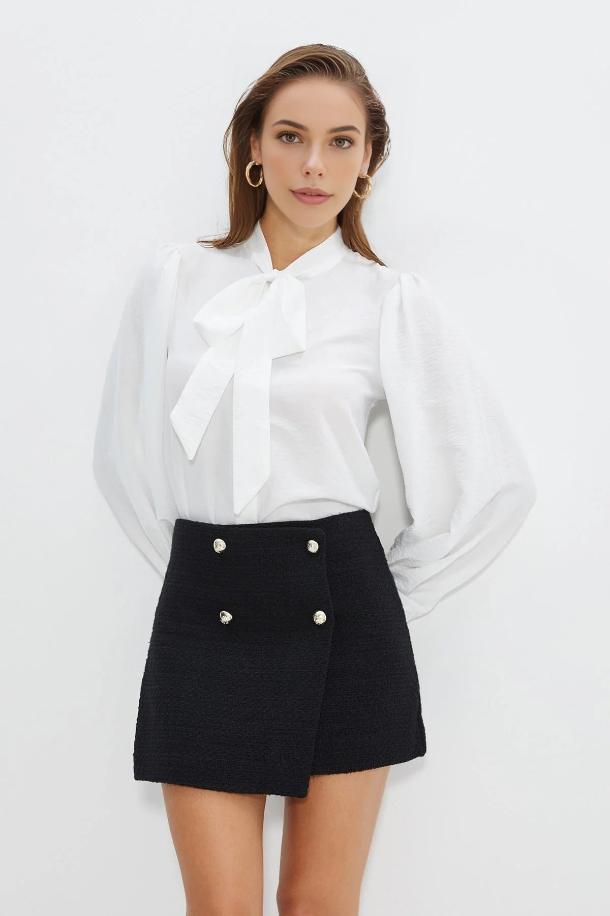 Woven Shirt with Collar Scarf Detail