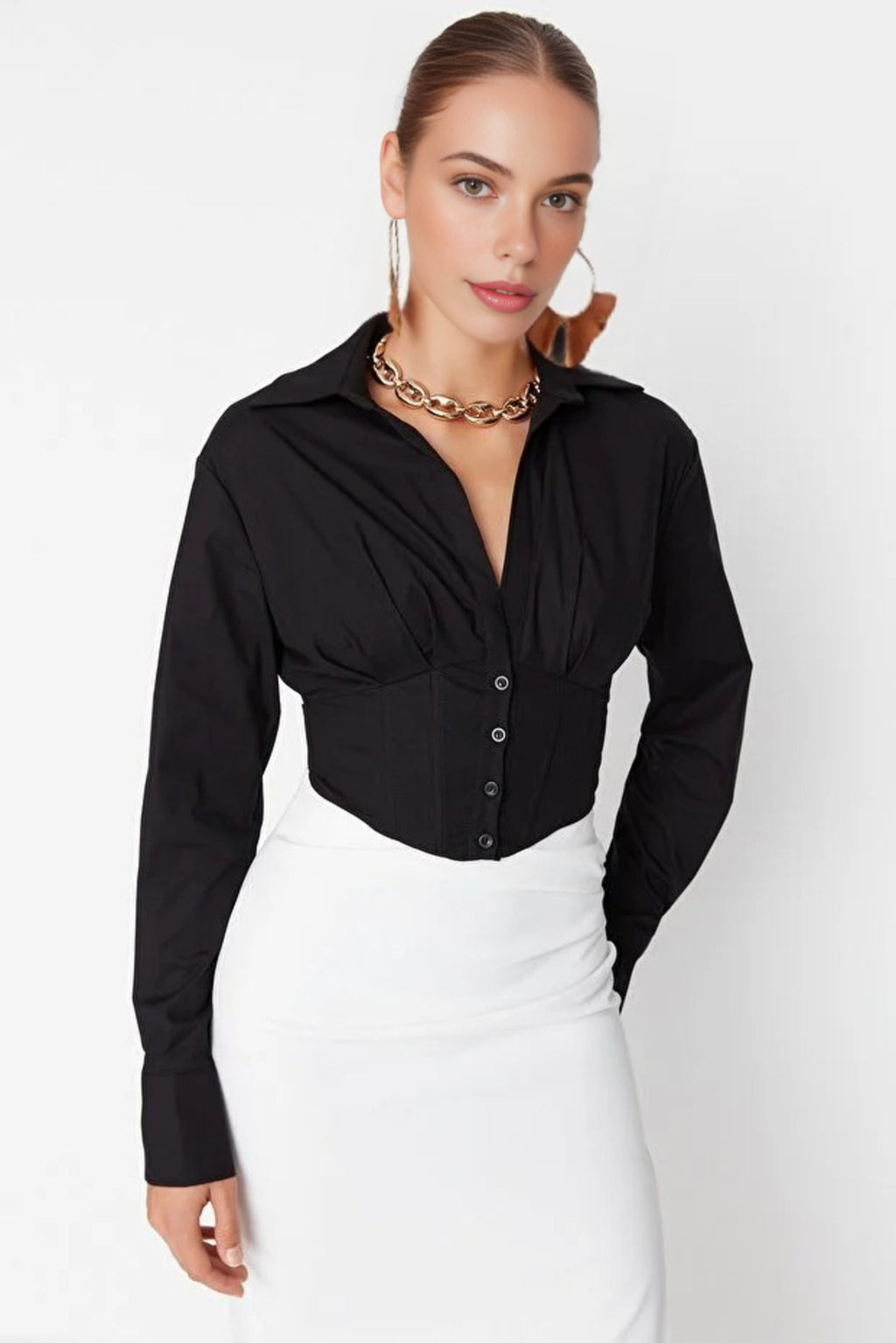 Crop Woven Poplin Shirt with Corset Detail