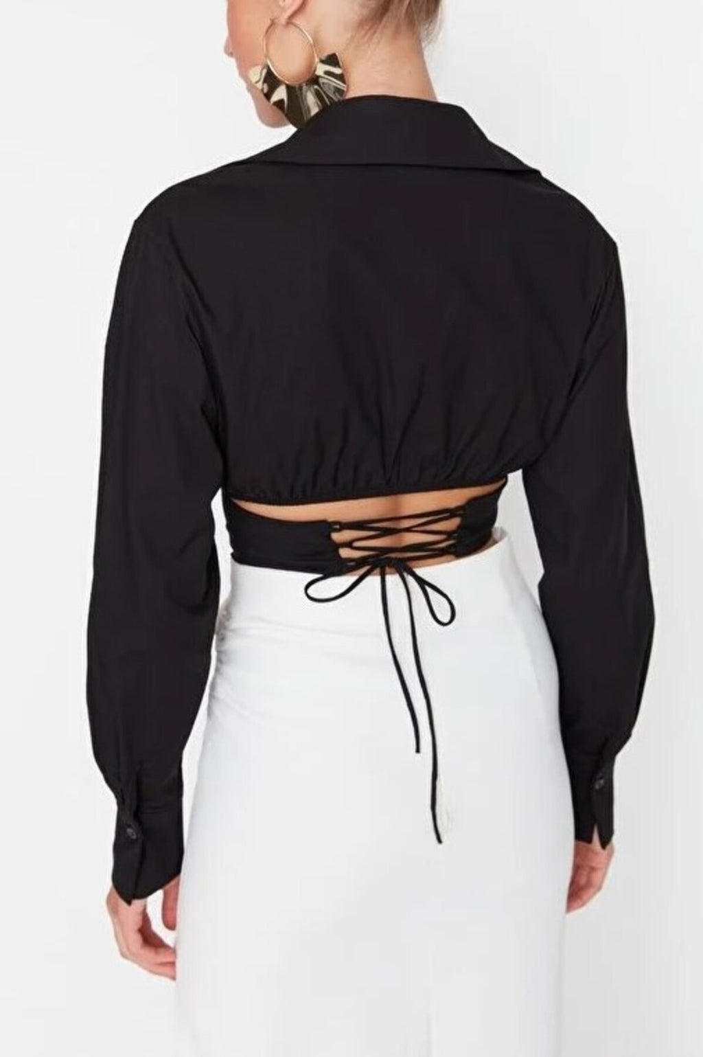 Crop Woven Poplin Shirt with Corset Detail