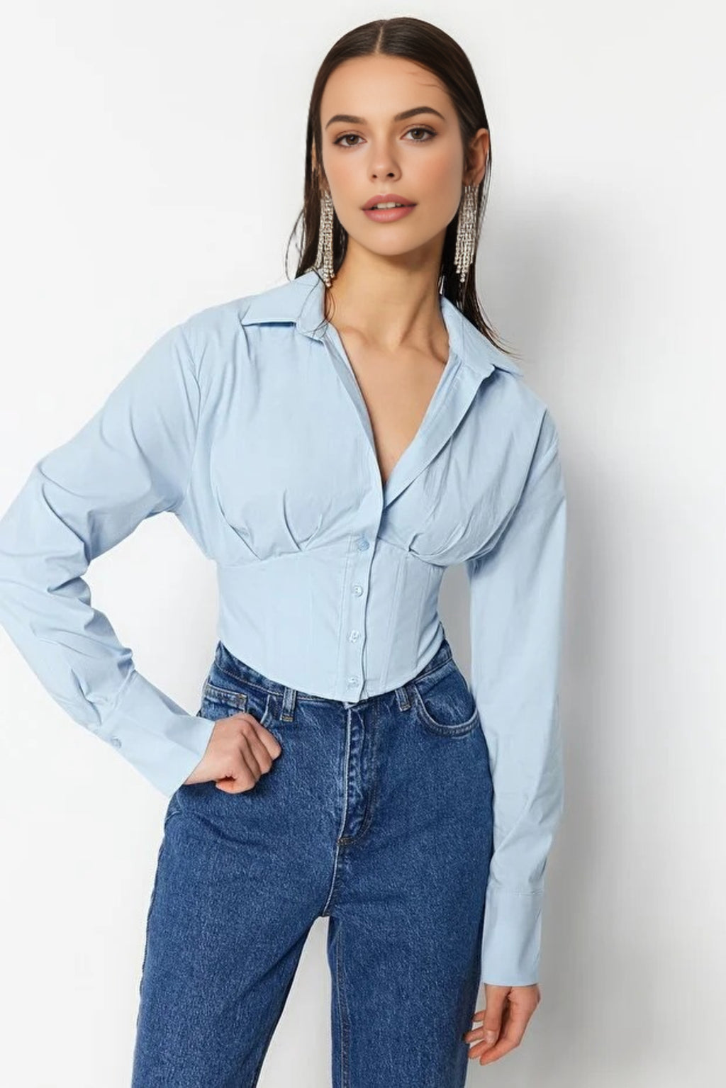 Crop Woven Poplin Shirt with Corset Detail