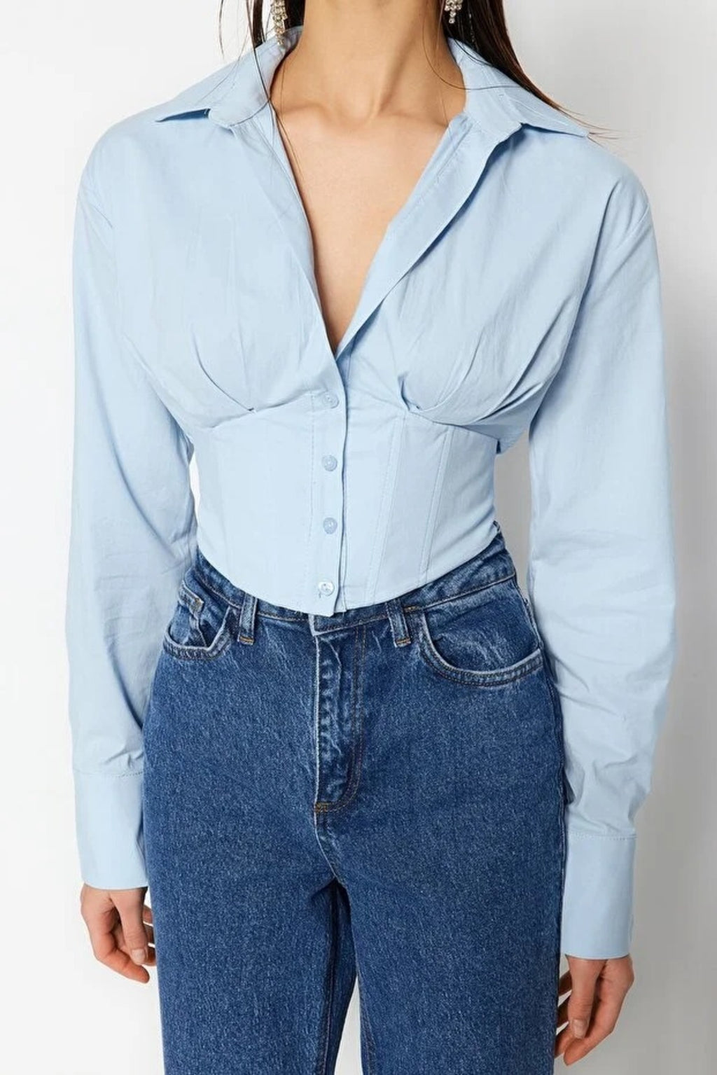 Crop Woven Poplin Shirt with Corset Detail