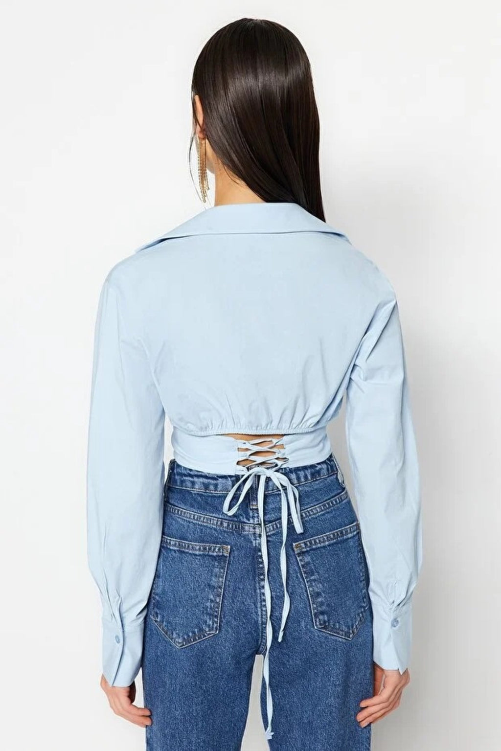 Crop Woven Poplin Shirt with Corset Detail