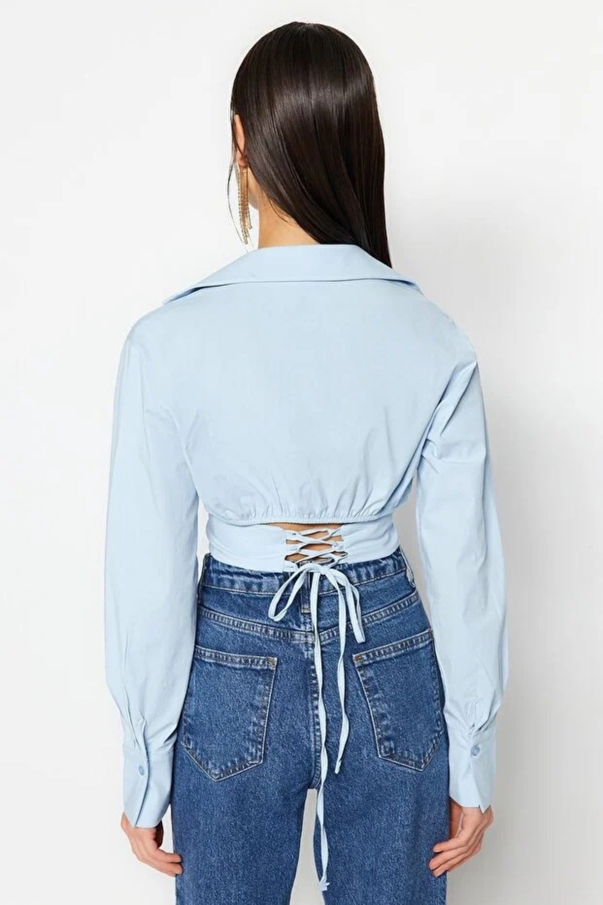Crop Woven Poplin Shirt with Corset Detail