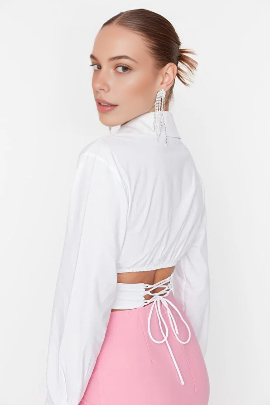 Crop Woven Poplin Shirt with Corset Detail