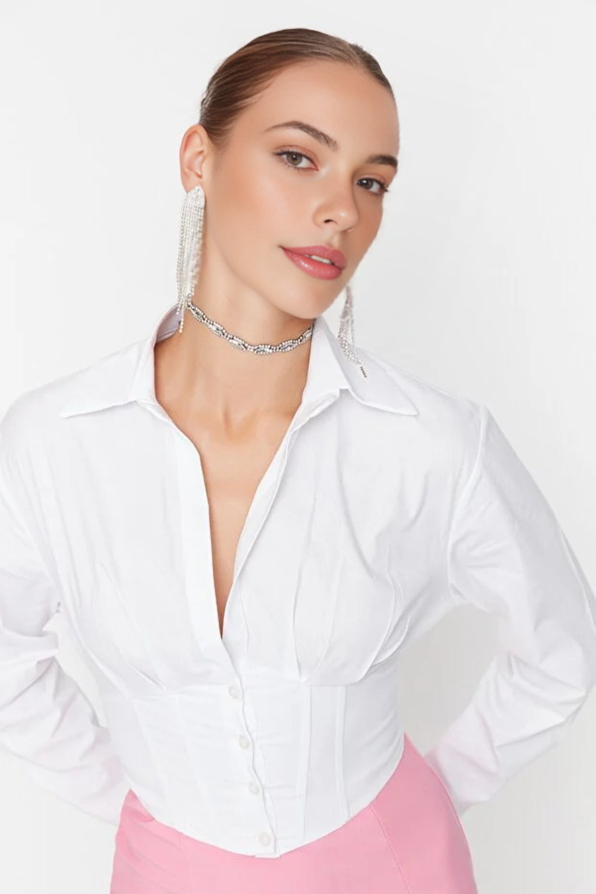 Crop Woven Poplin Shirt with Corset Detail