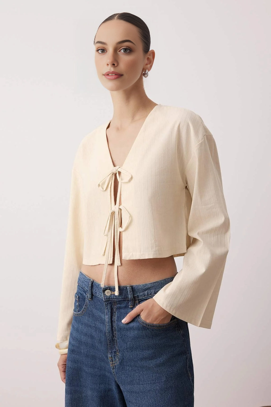 Striped Woven Shirt with Tie Detail