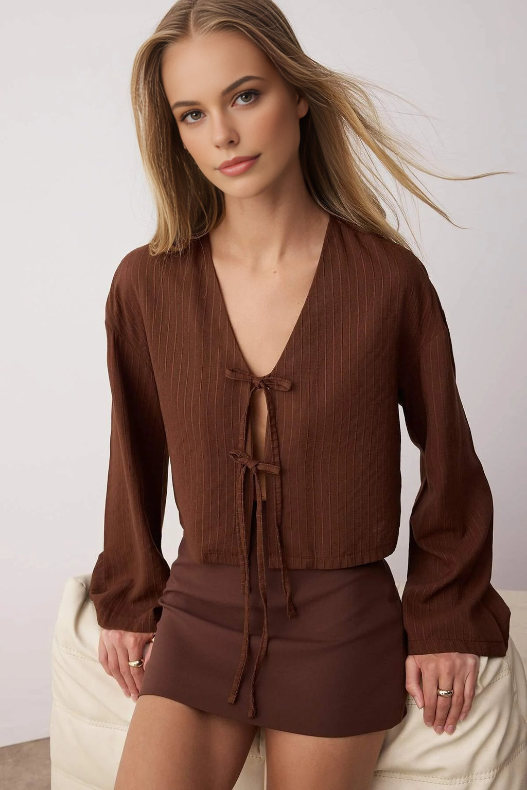 Striped Woven Shirt with Tie Detail