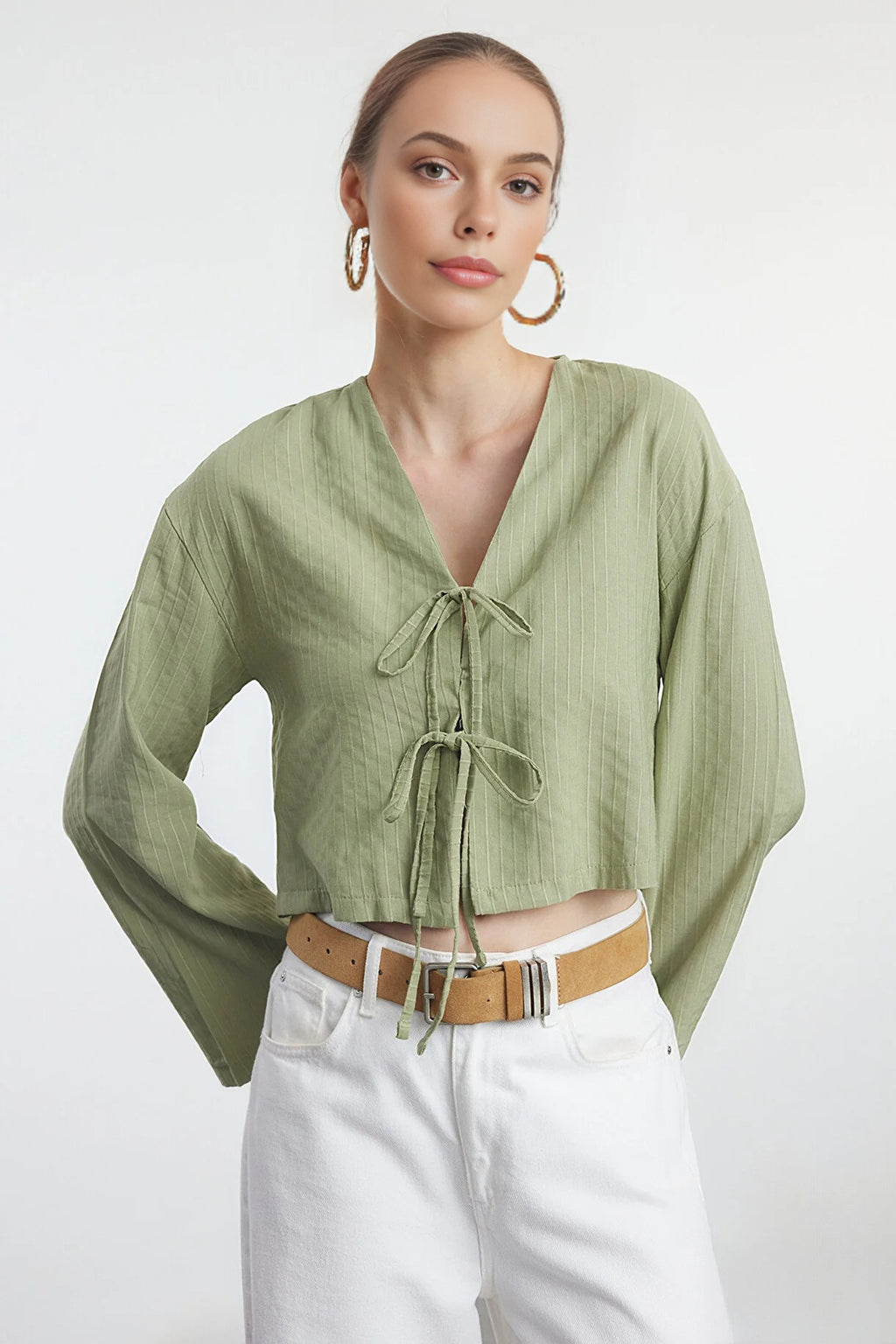 Striped Woven Shirt with Tie Detail