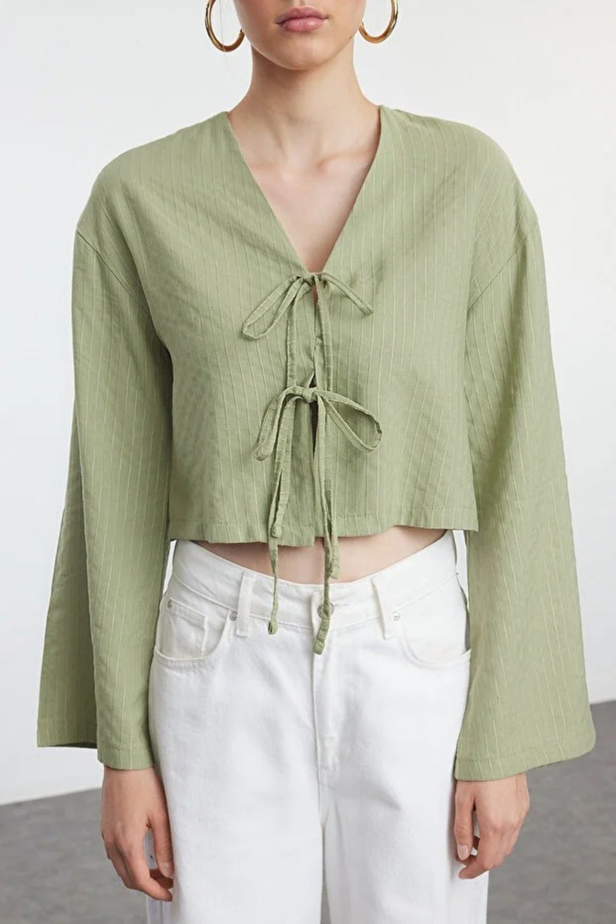 Striped Woven Shirt with Tie Detail