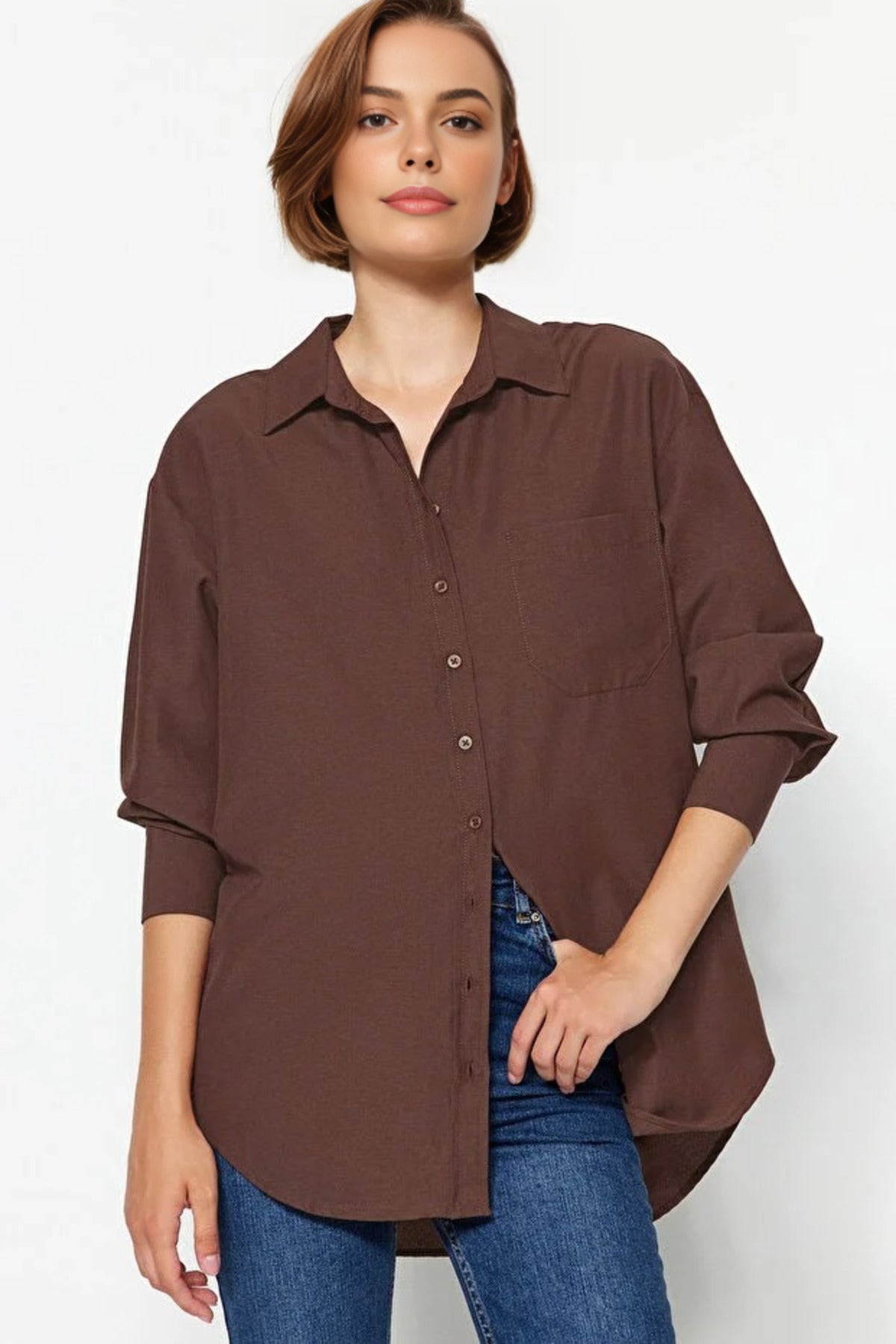 Single Pocket Boyfriend Cotton Woven Shirt