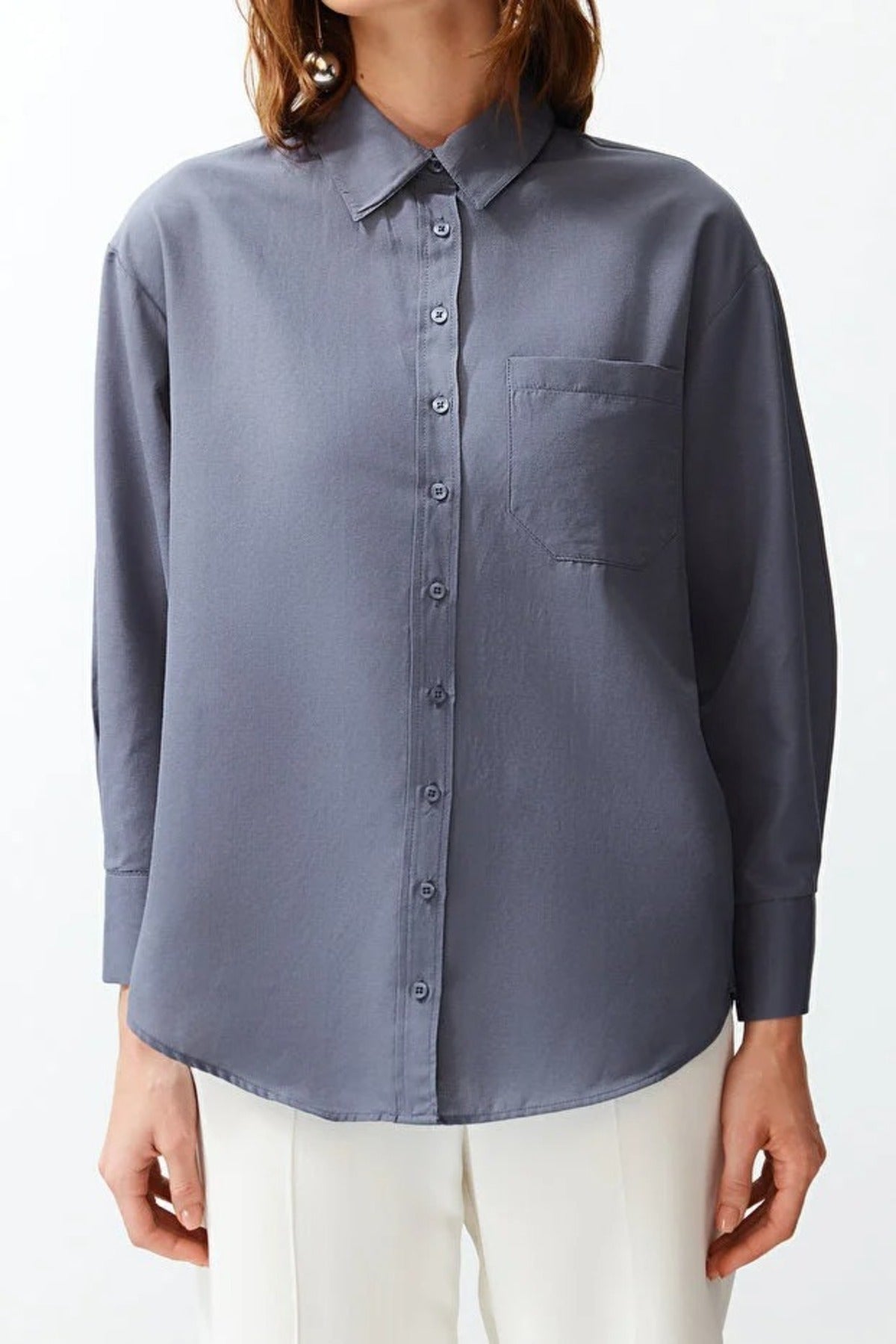 Single Pocket Boyfriend Cotton Woven Shirt