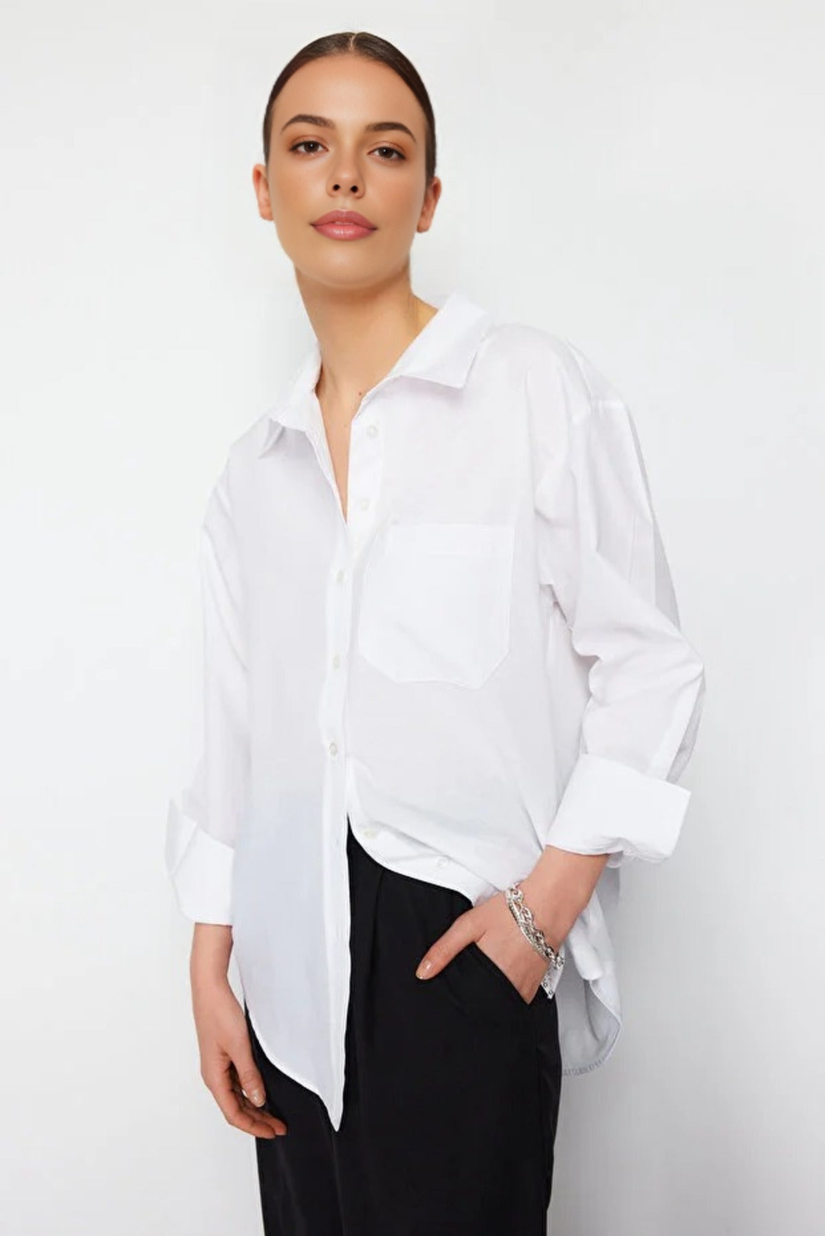 Single Pocket Boyfriend Cotton Woven Shirt