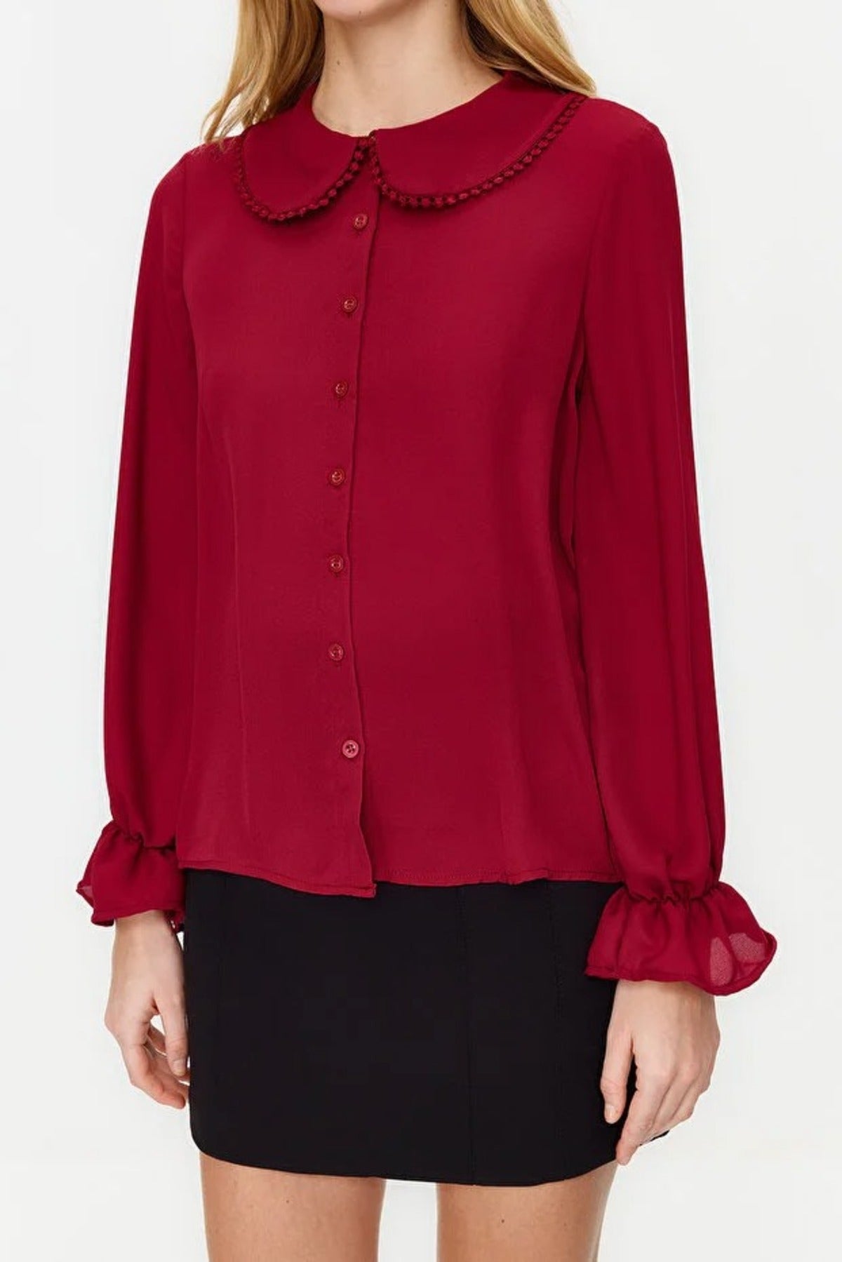 Baby Collar Woven Shirt with Balloon Sleeve