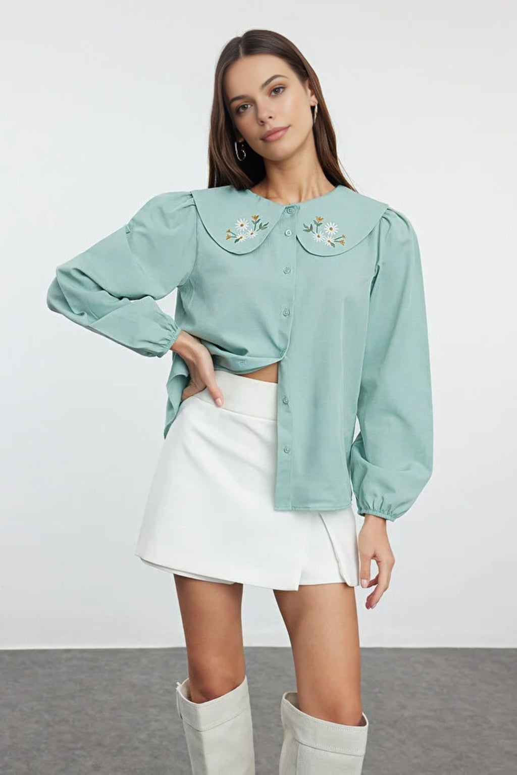 Woven Shirt with Embroidered Collar Detail