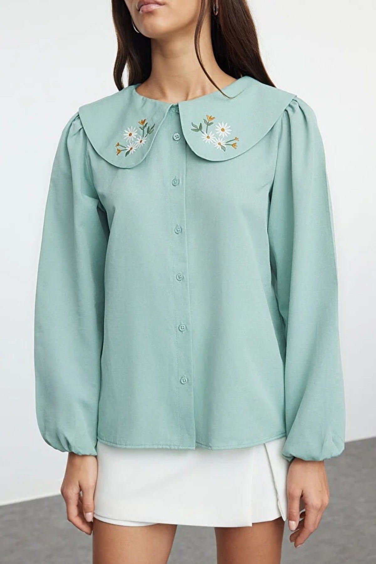 Woven Shirt with Embroidered Collar Detail
