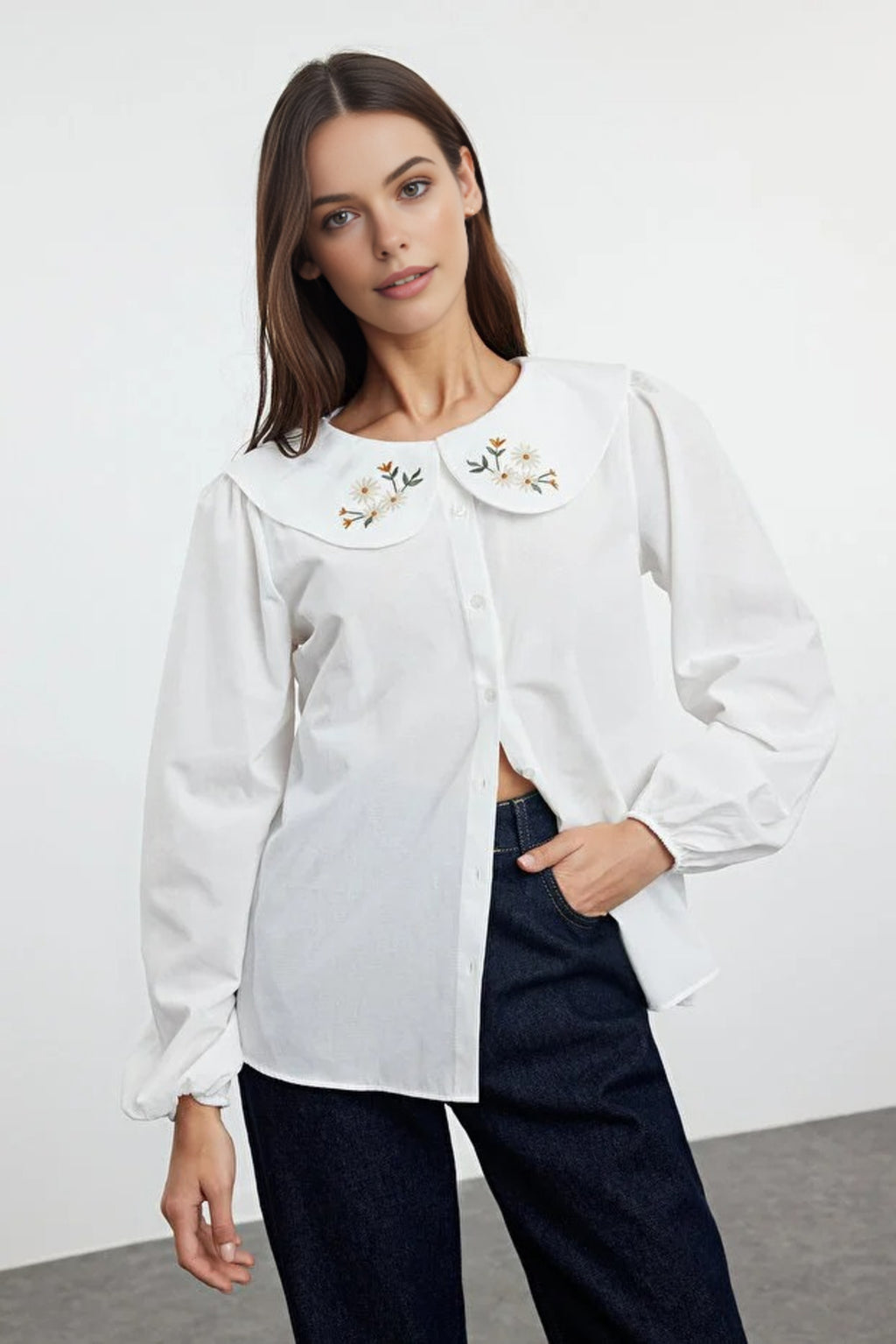 Woven Shirt with Embroidered Collar Detail