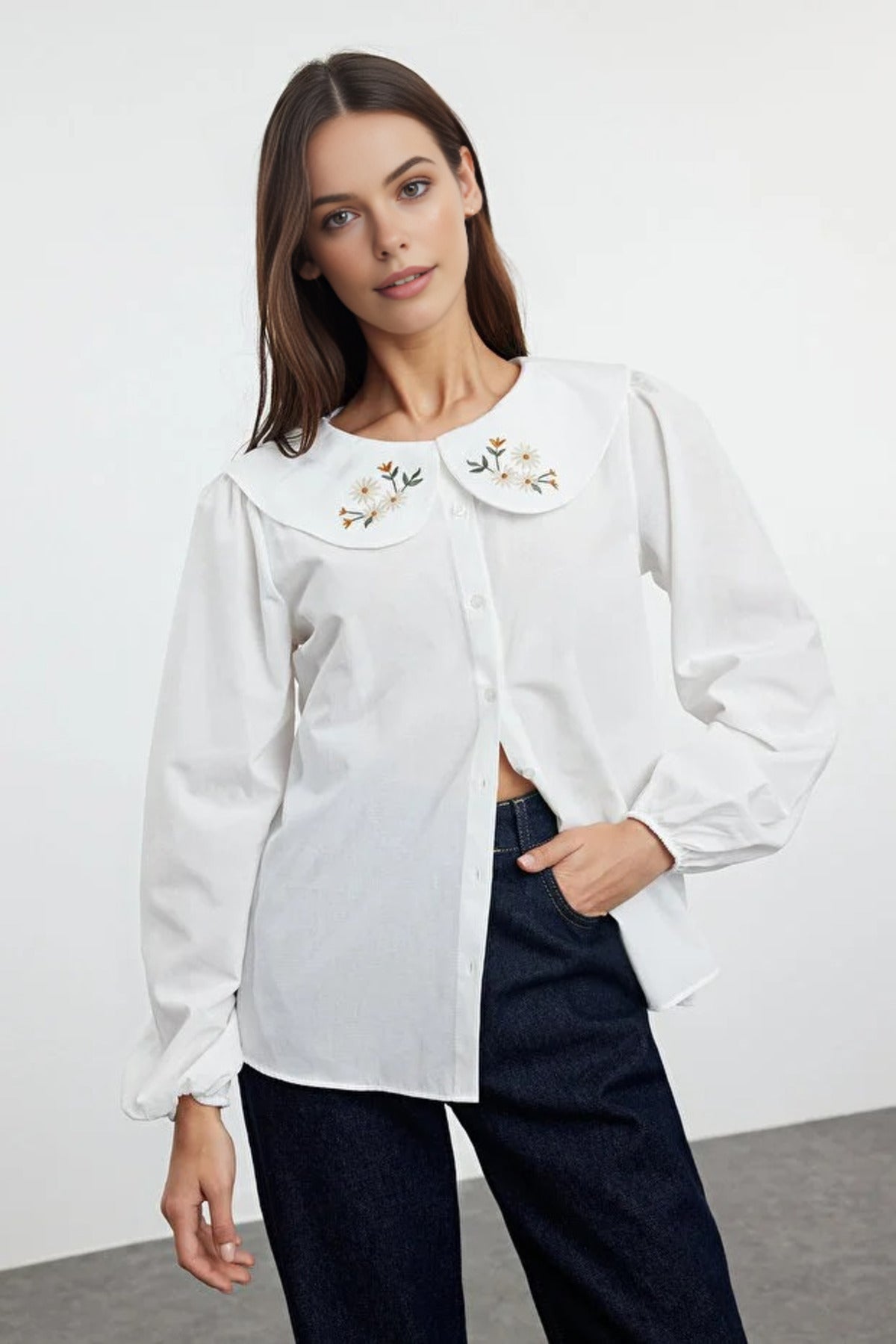 Woven Shirt with Embroidered Collar Detail