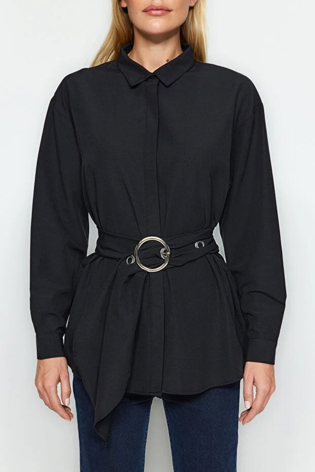 Woven Shirt with Belt Buckle Detail