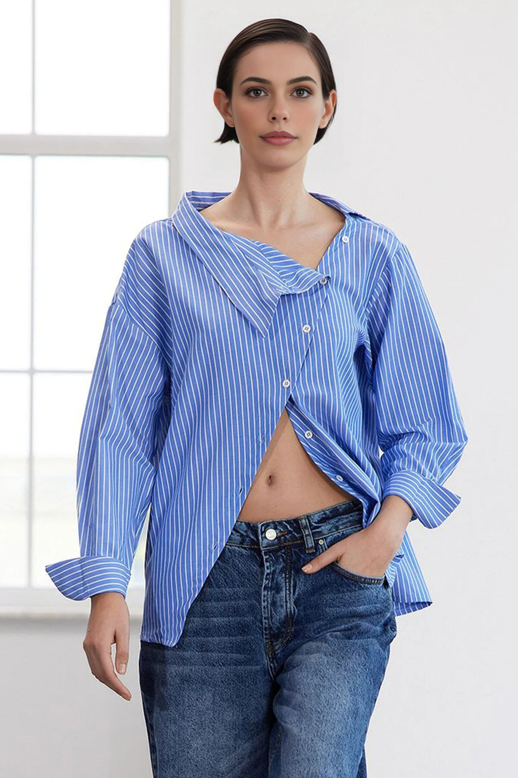 Striped Woven Shirt with Collar Detail