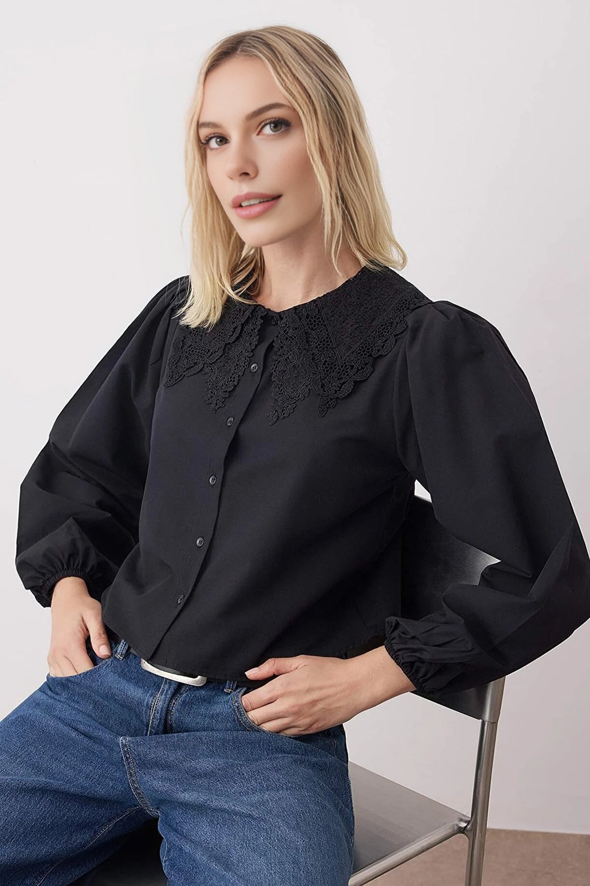 Crop Shirt with Guipure Collar Detail