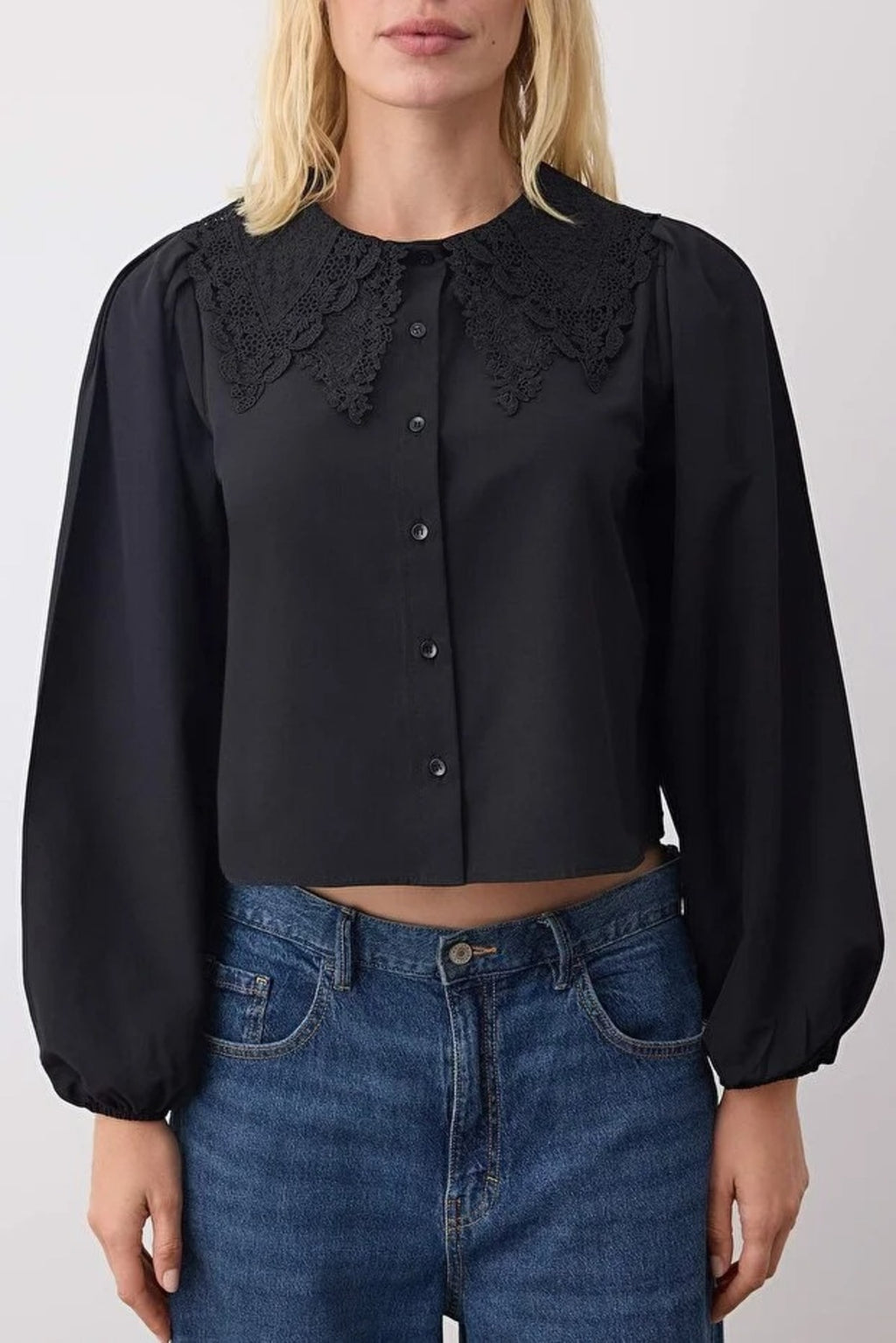 Crop Shirt with Guipure Collar Detail