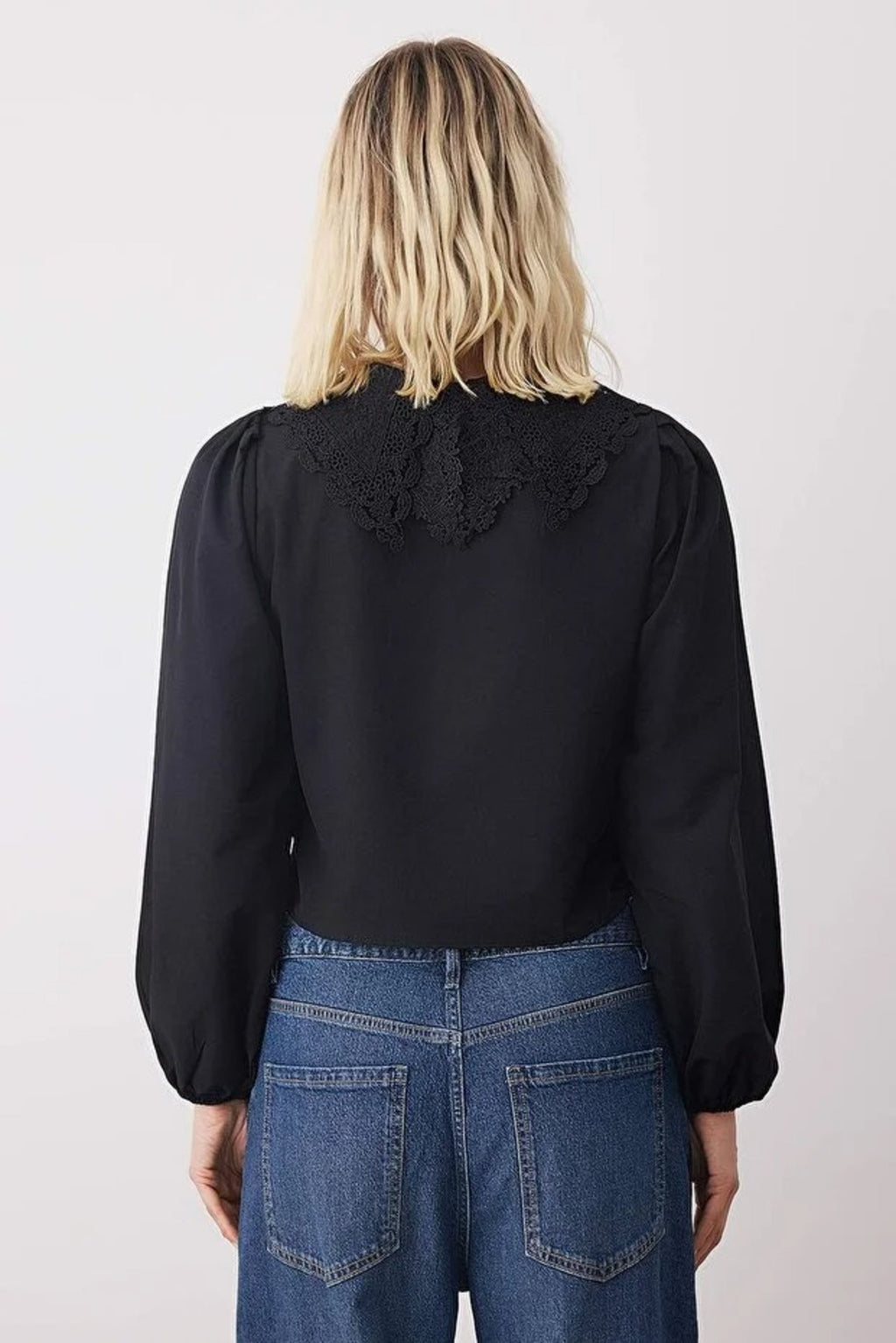 Crop Shirt with Guipure Collar Detail