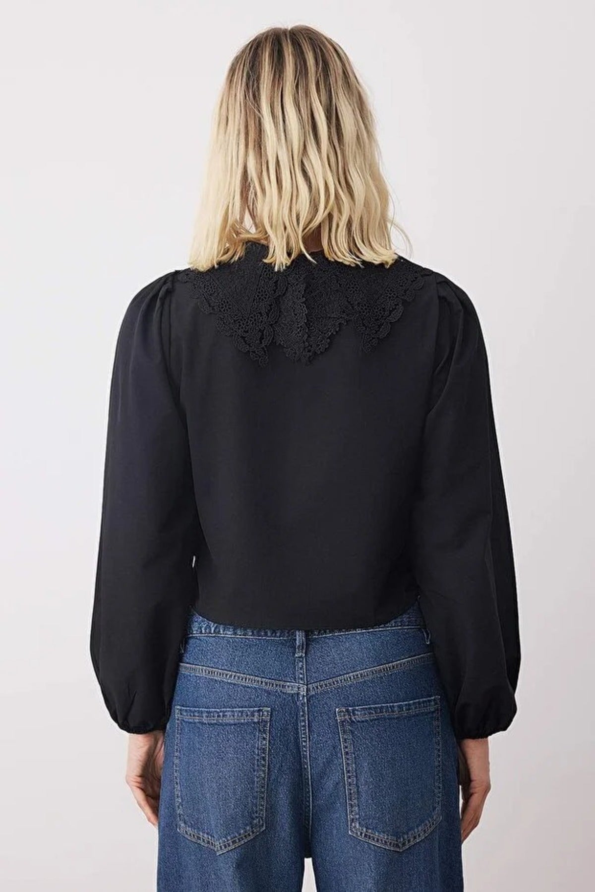 Crop Shirt with Guipure Collar Detail