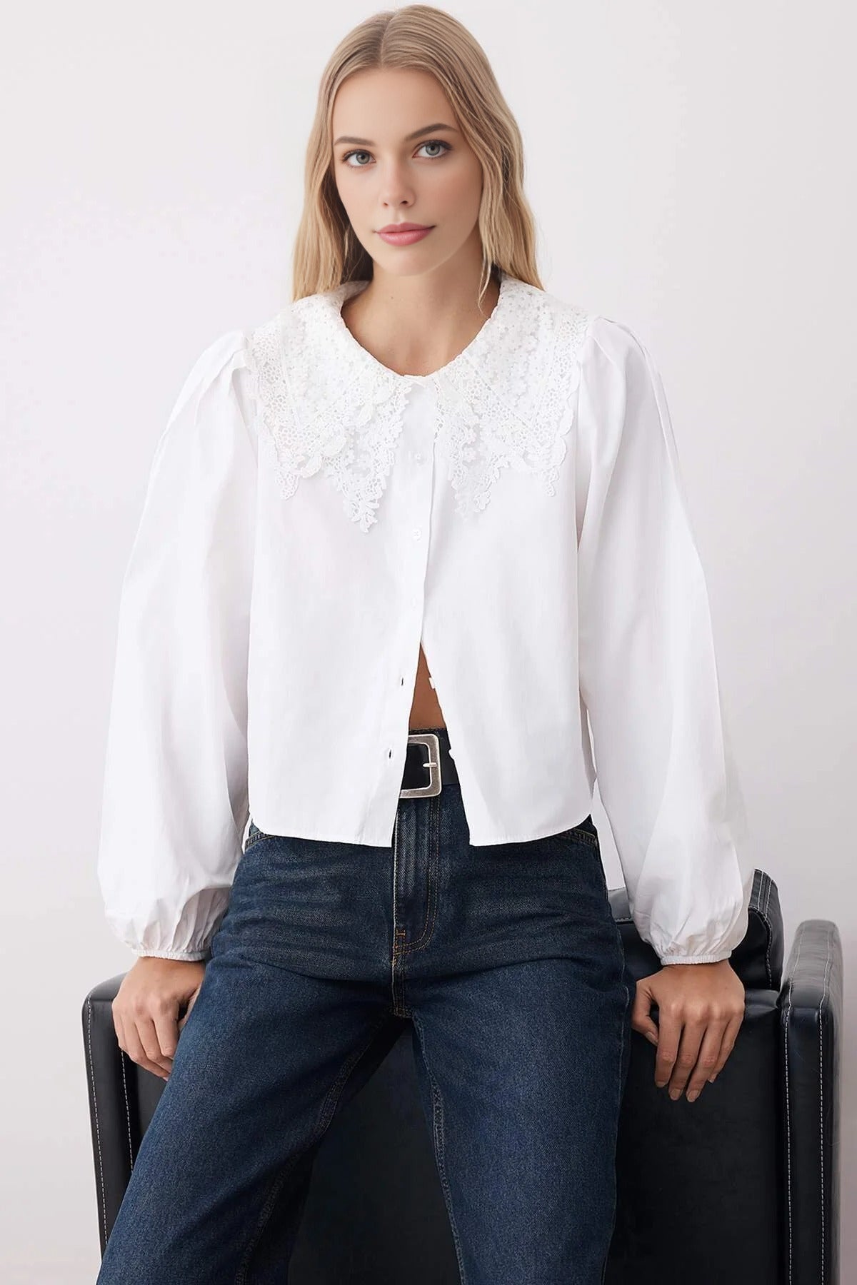 Crop Shirt with Guipure Collar Detail