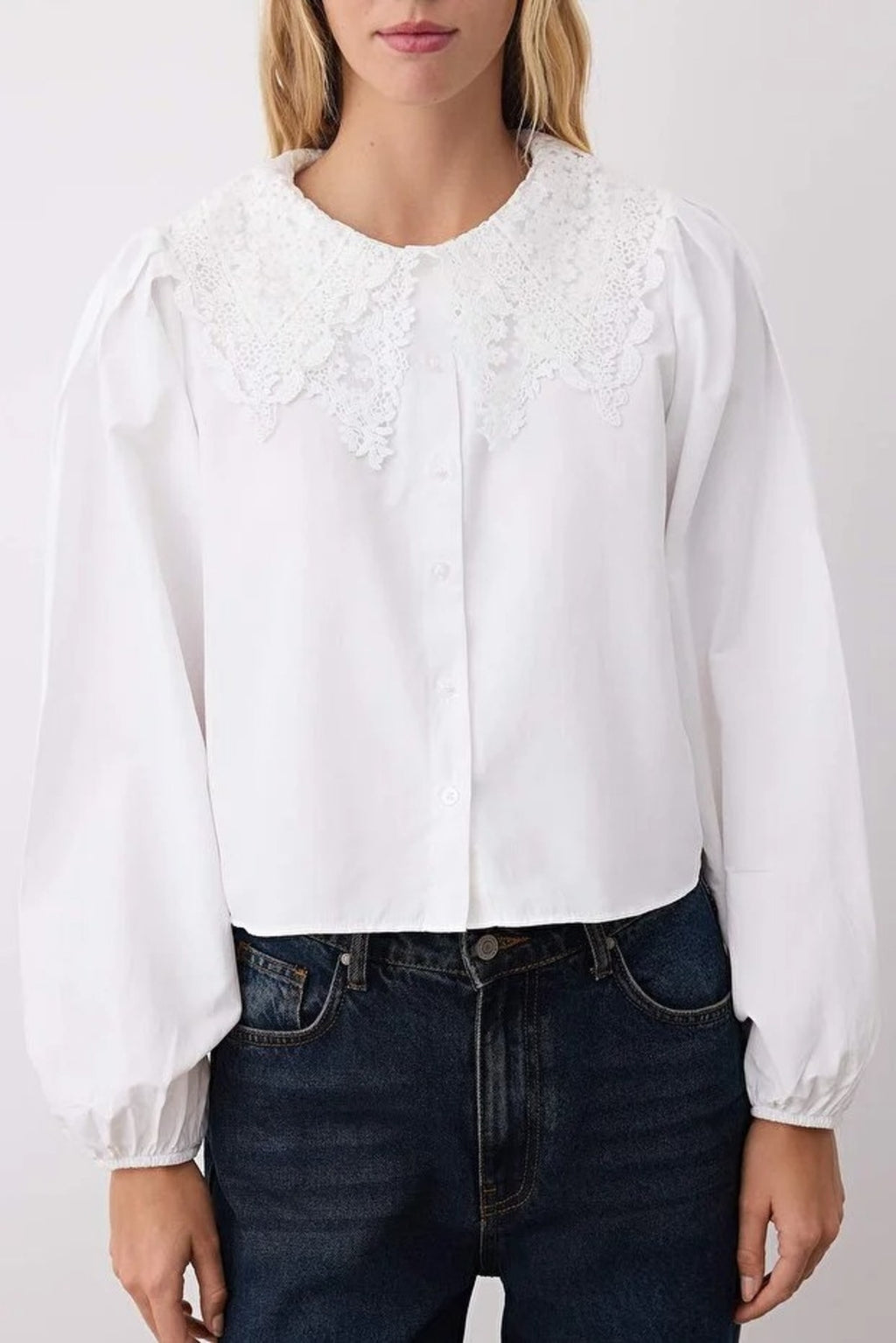 Crop Shirt with Guipure Collar Detail