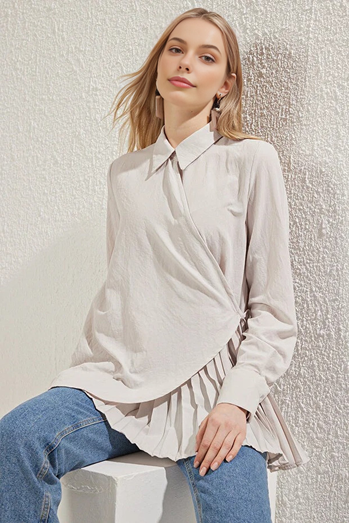 Double-Breasted Woven Shirt with  Pleated Detail