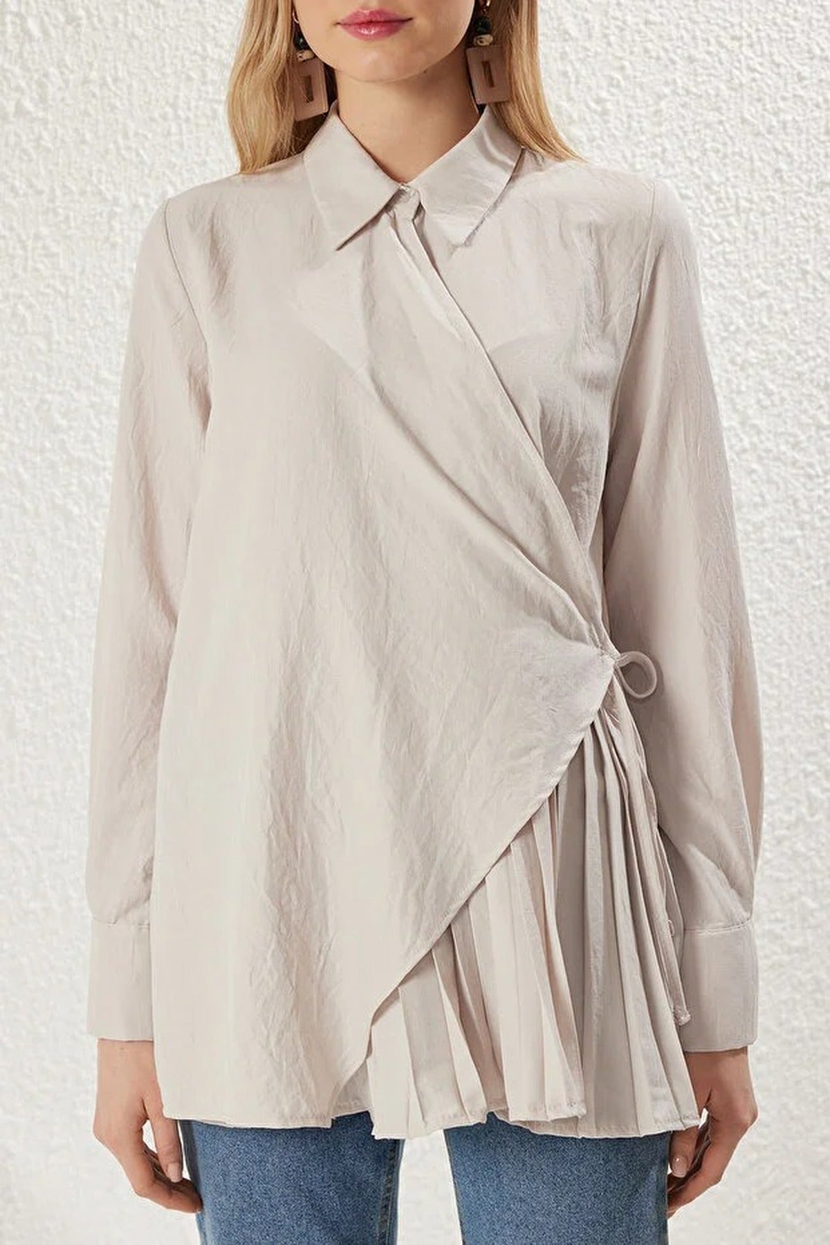 Double-Breasted Woven Shirt with  Pleated Detail