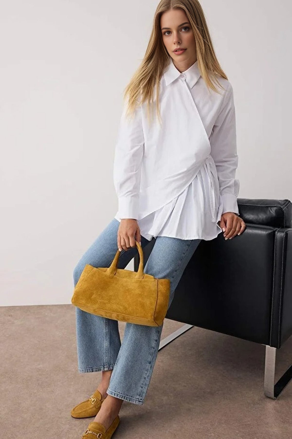 Double-Breasted Woven Shirt with  Pleated Detail