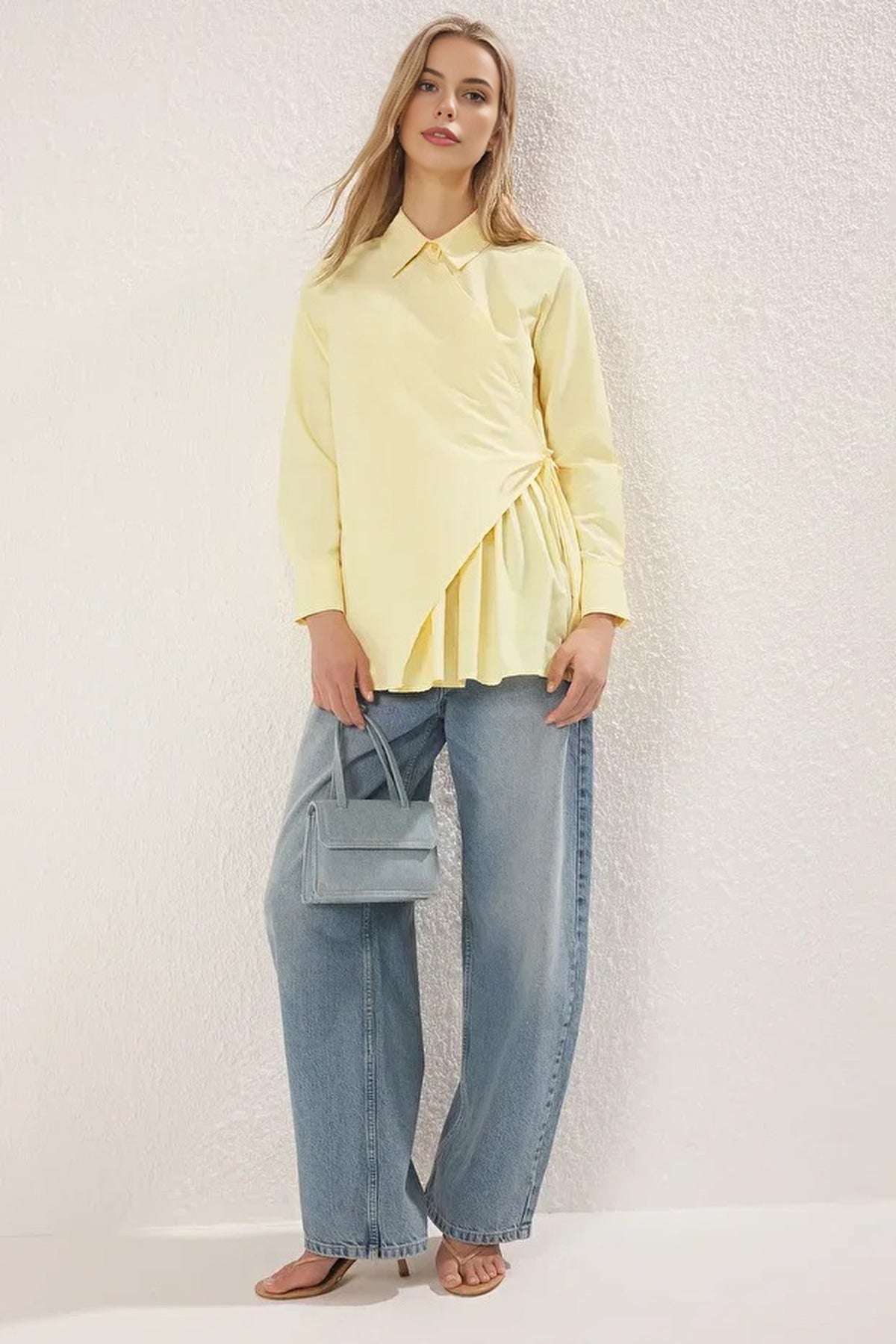 Double-Breasted Woven Shirt with  Pleated Detail