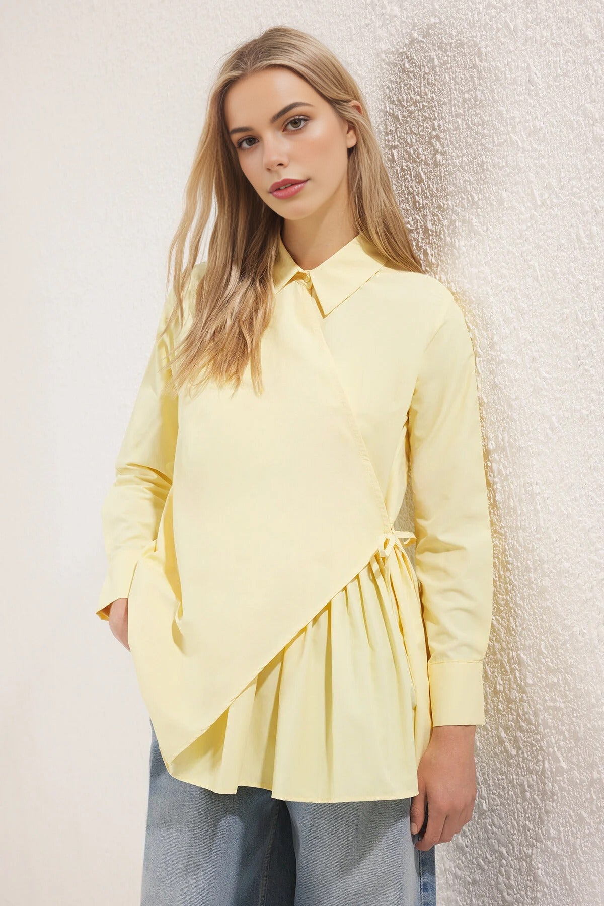 Double-Breasted Woven Shirt with  Pleated Detail