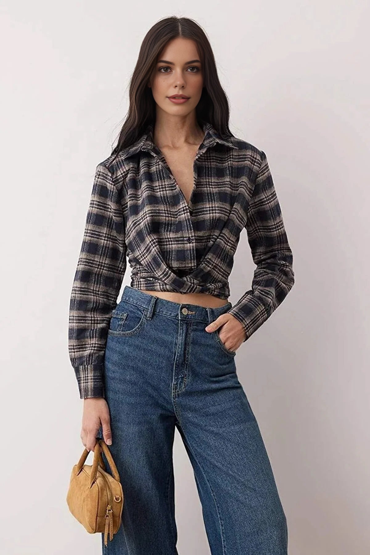 Crop Flannel Shirt with Padded Detail