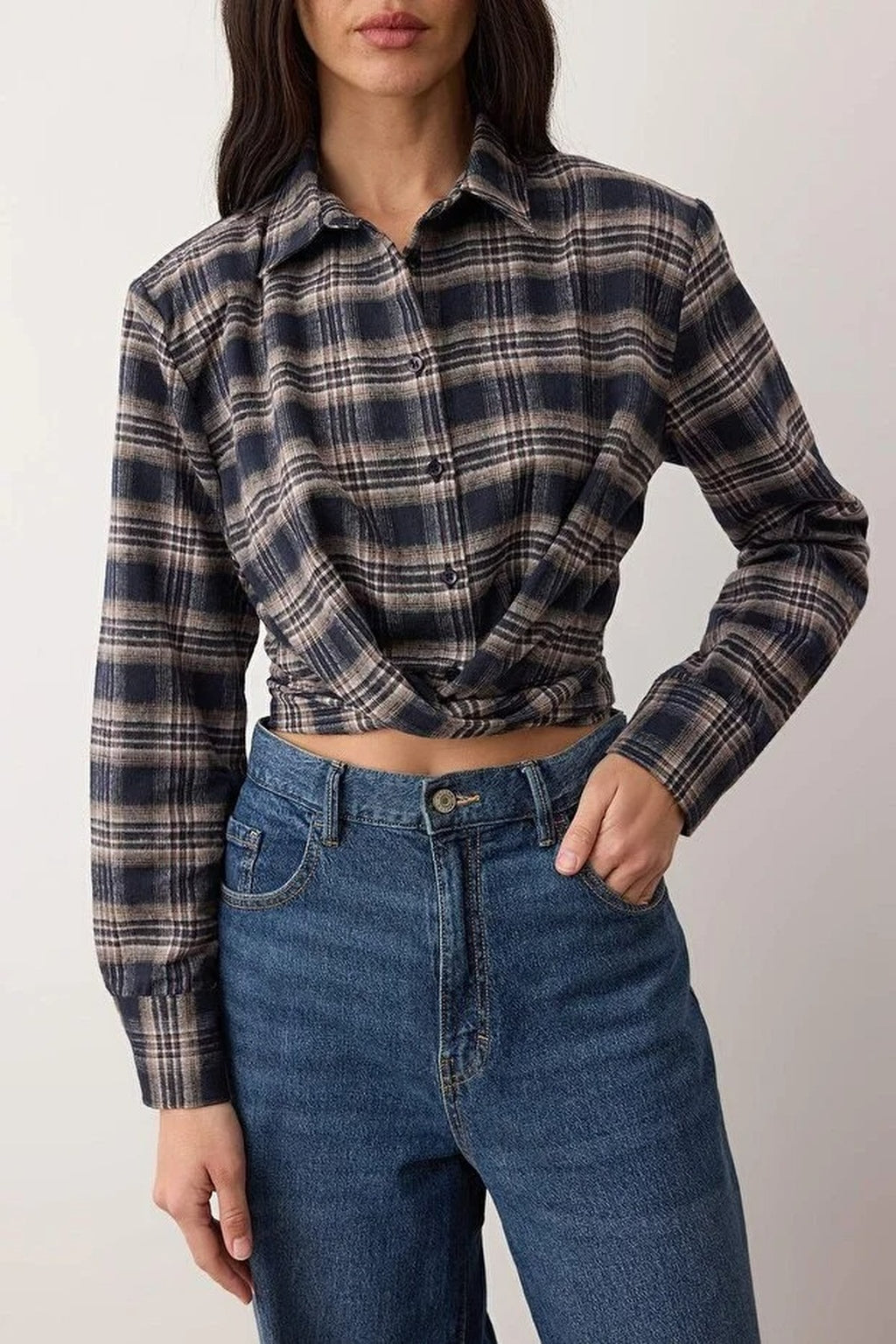 Crop Flannel Shirt with Padded Detail