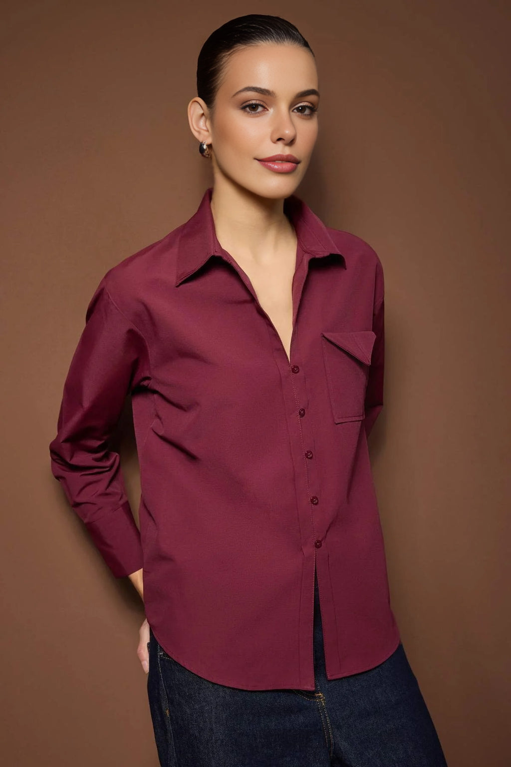 Button-Front Shirt with Pocket Detail