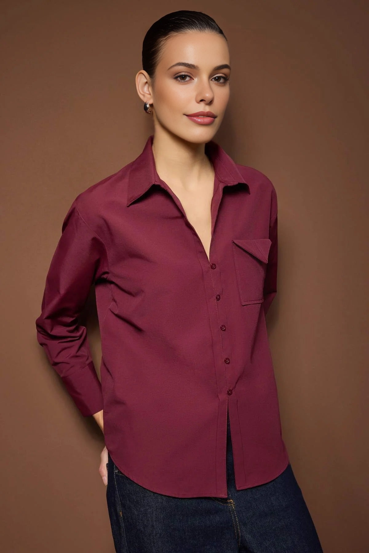 Button-Front Shirt with Pocket Detail