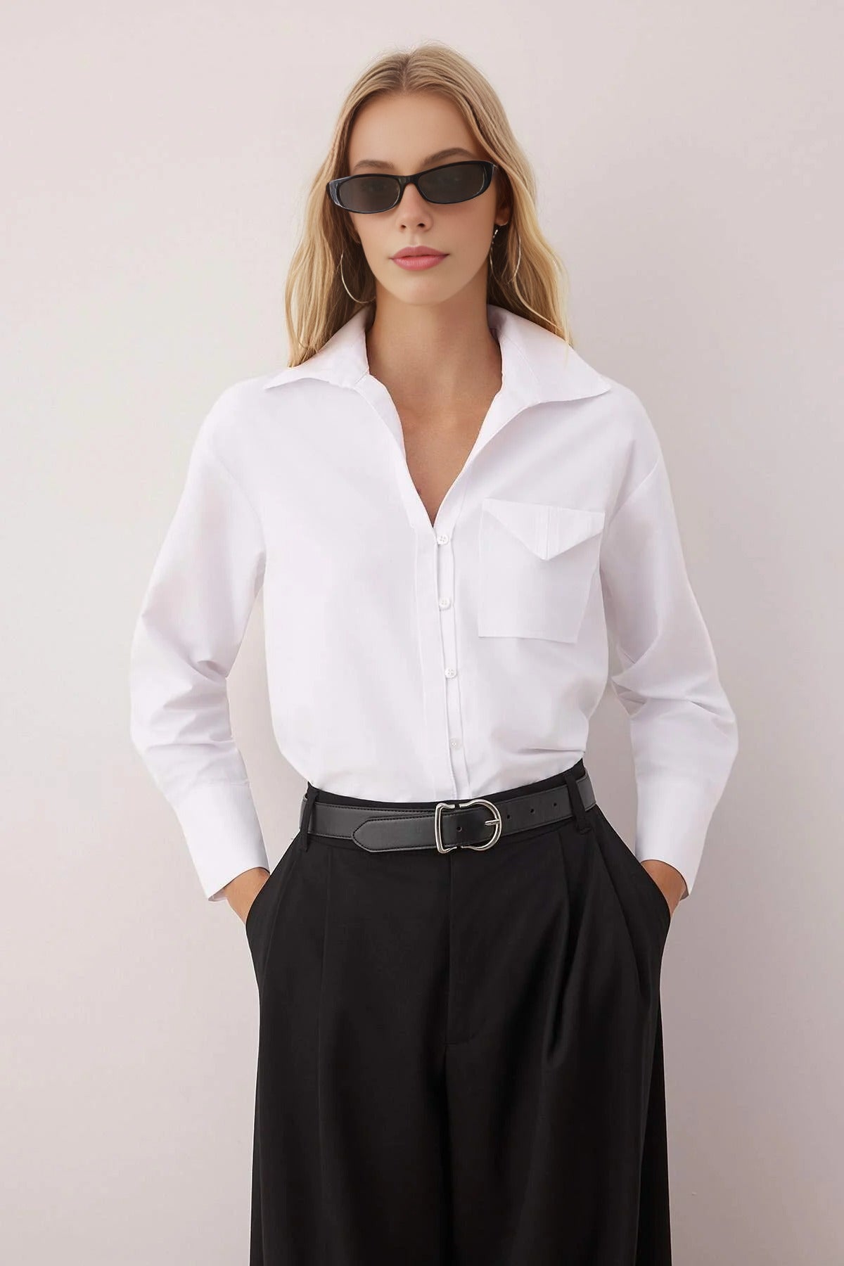 Button-Front Shirt with Pocket Detail