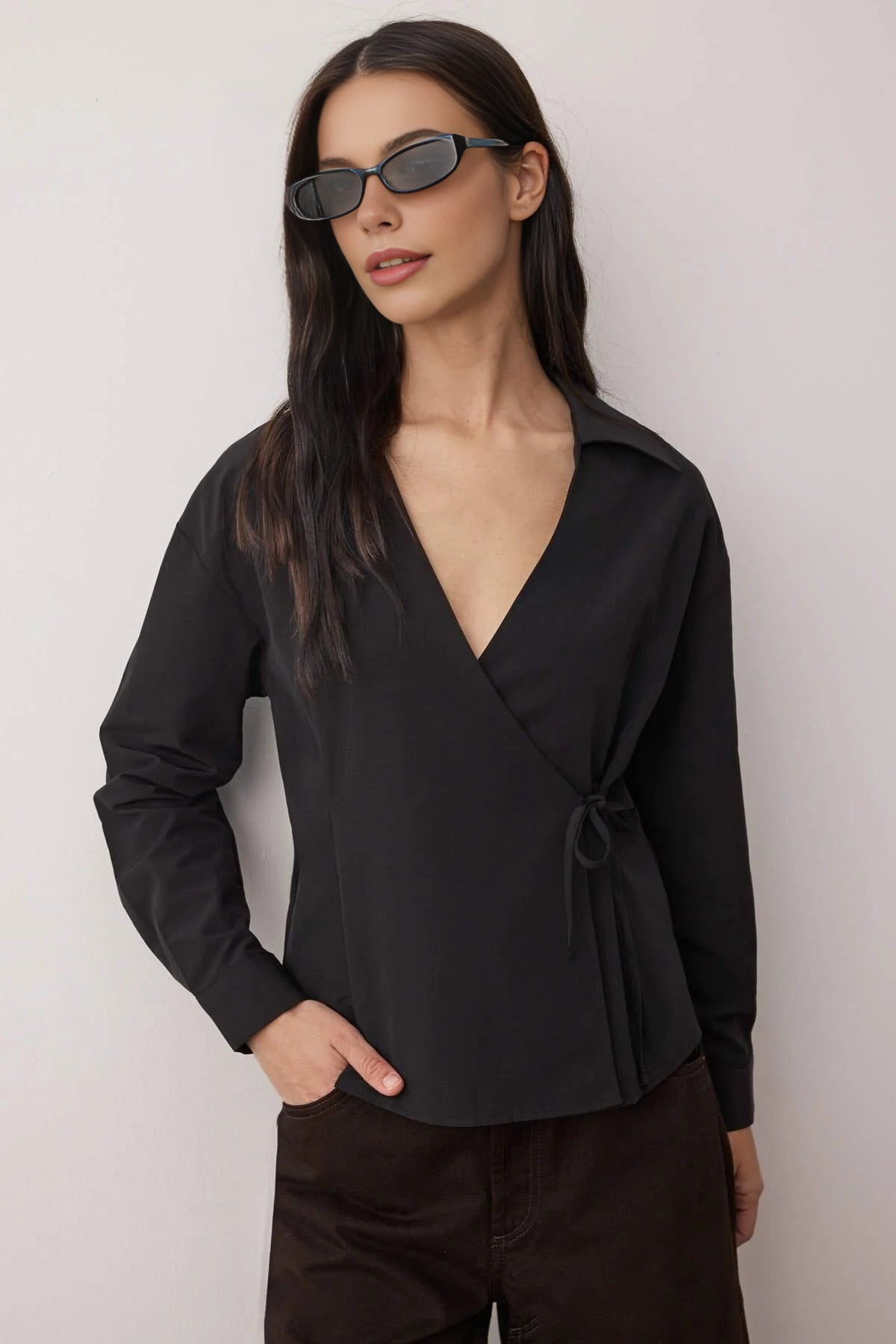 Regular Woven Shirt with Double-Breasted Closure and Tie Detail