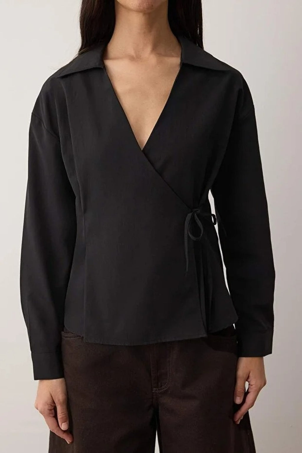 Regular Woven Shirt with Double-Breasted Closure and Tie Detail