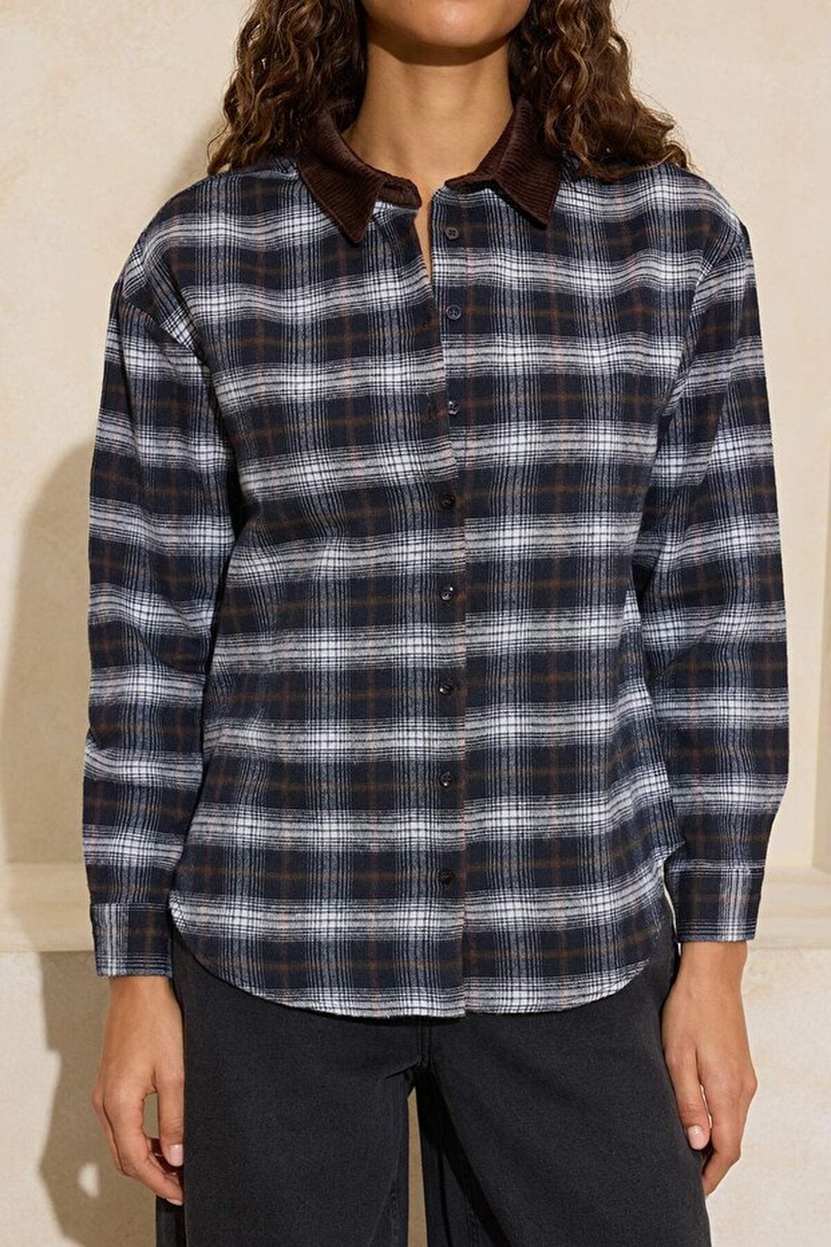 Argyle Ribbed Collar Oversize Flannel Shirt