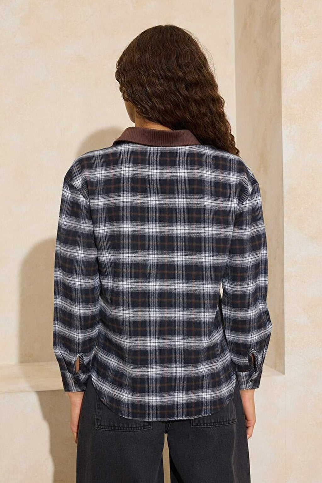 Argyle Ribbed Collar Oversize Flannel Shirt
