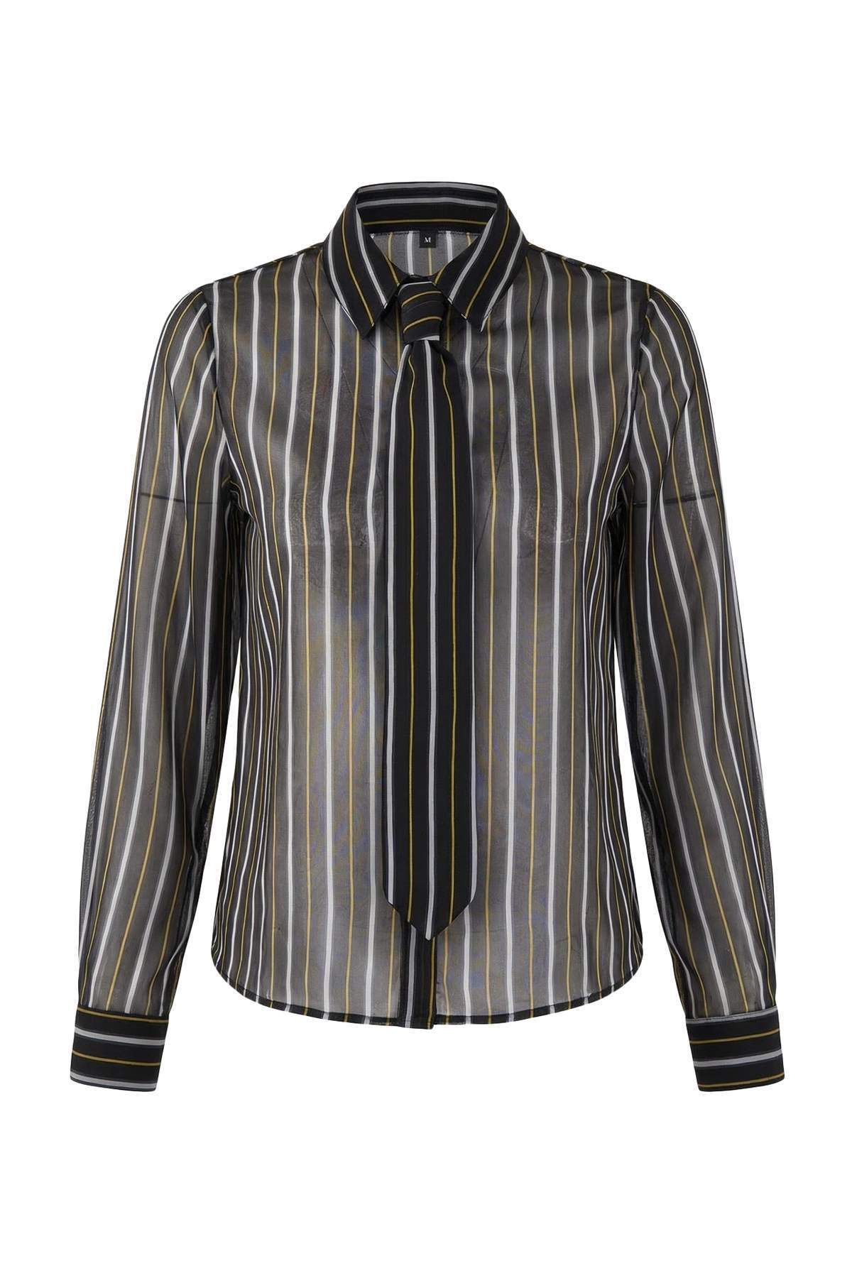 Striped Unlined Chiffon Shirt with Tie