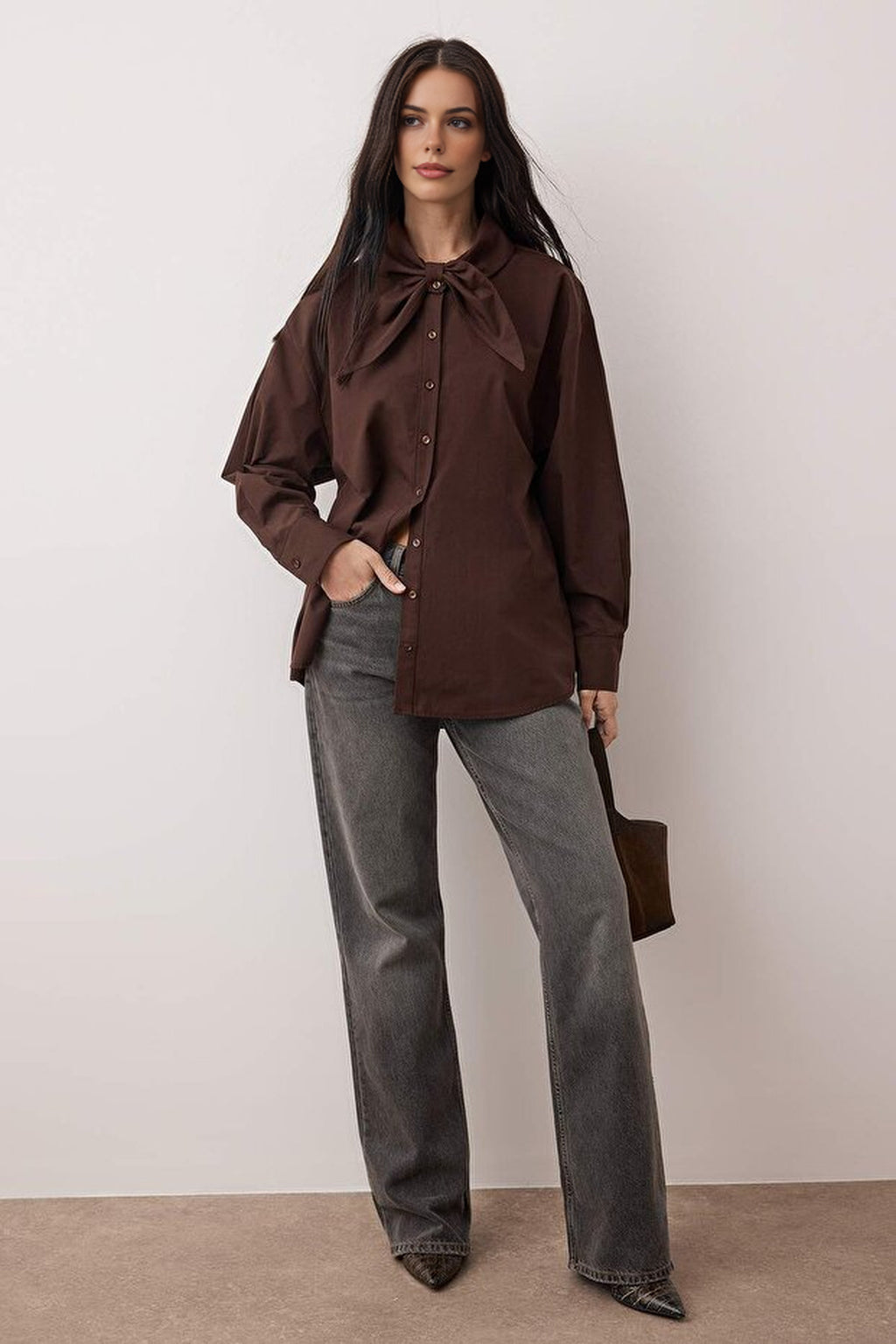 Cotton Poplin Shirt with Bow Tie Collar