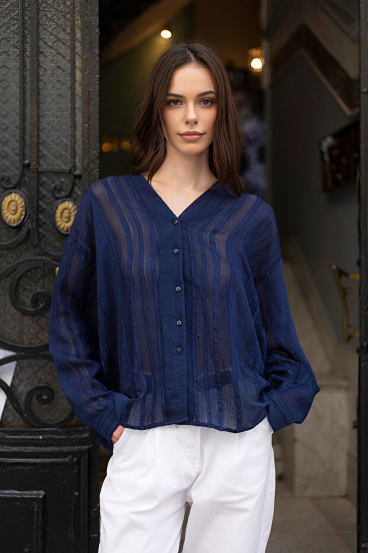 Ribbed Detail Lightly Transparent Shirt