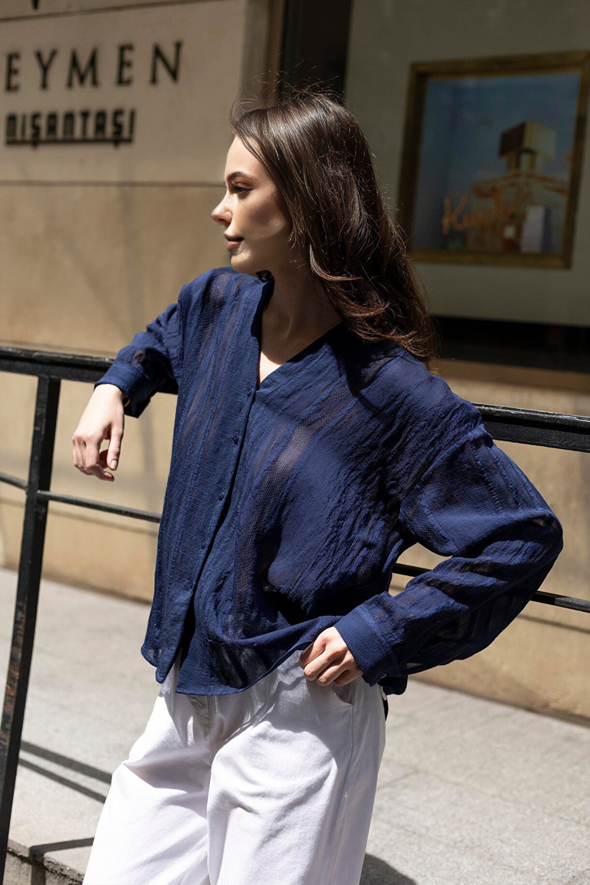 Ribbed Detail Lightly Transparent Shirt