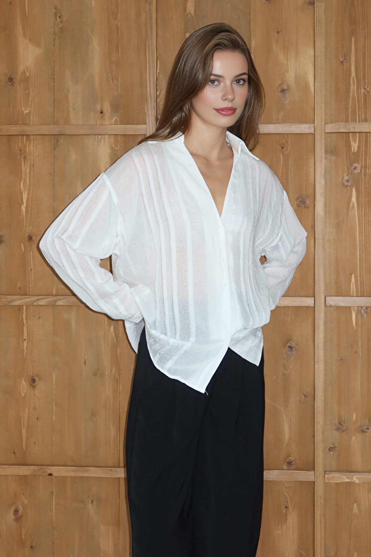 Ribbed Detail Lightly Transparent Shirt