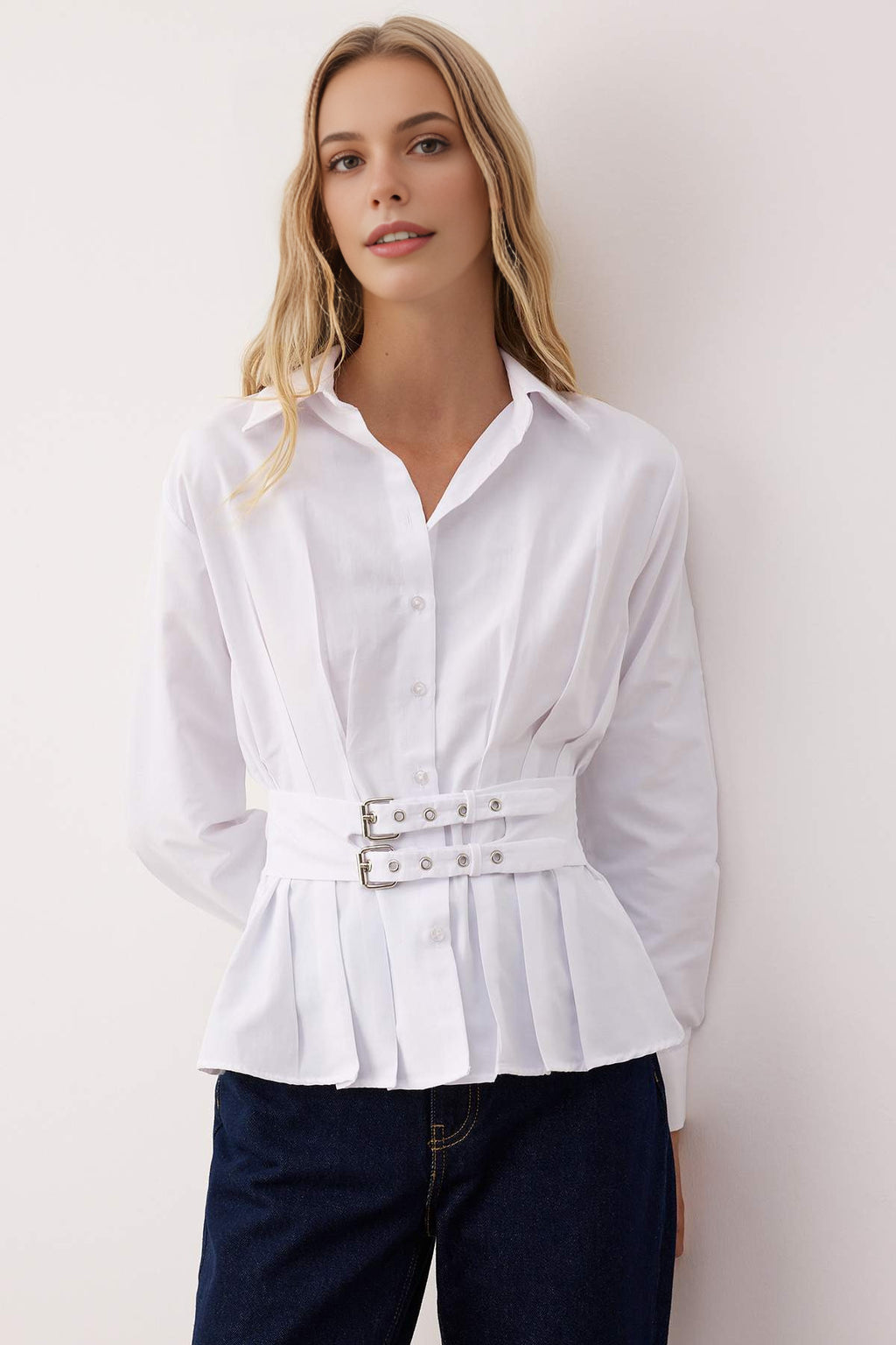 Belt Detail Pleated Fitted Shirt