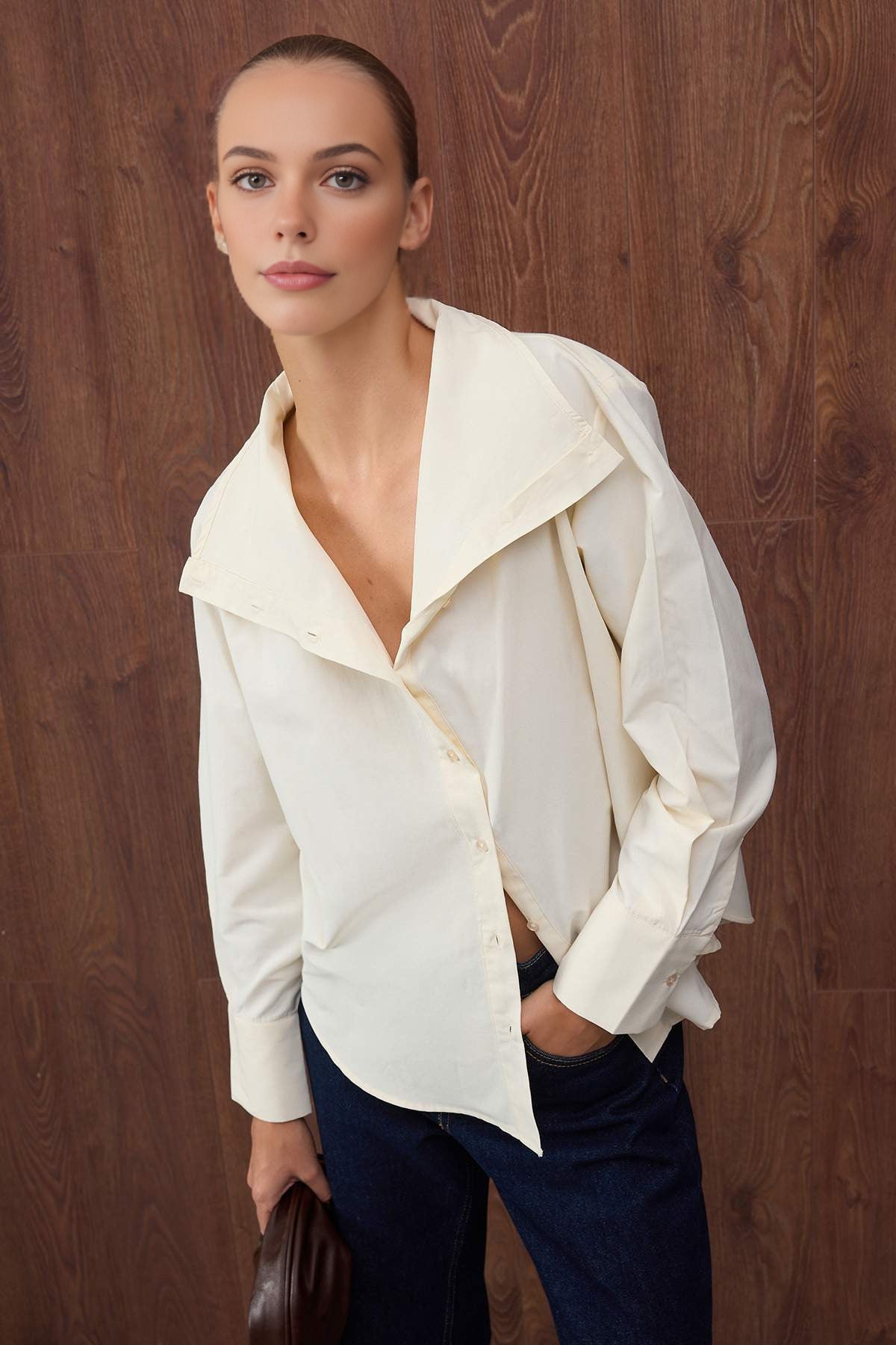 Collar Detail Off-Shoulder Shirt